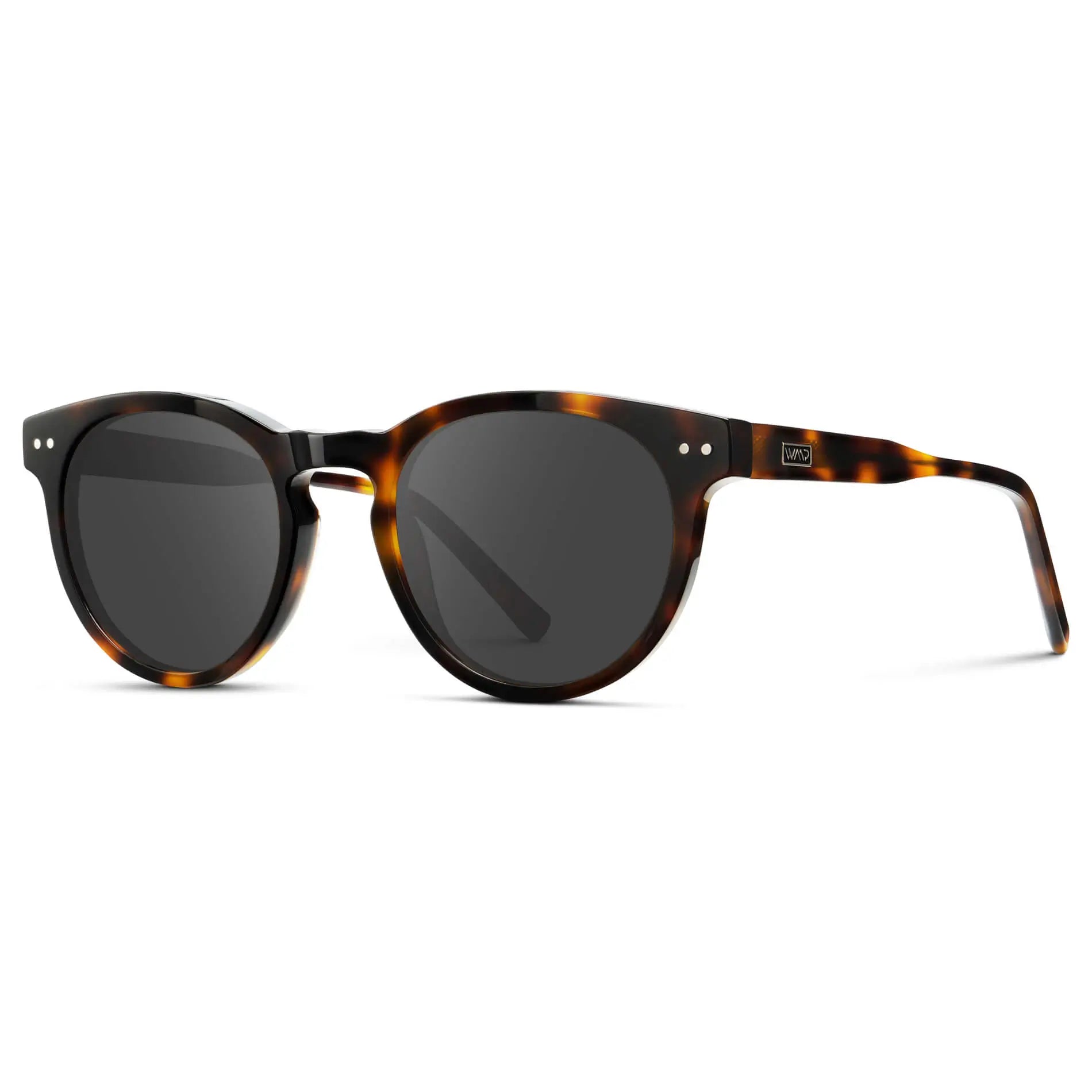 Brown Tortoise / Grey || Side view of Brown Tortoise Round Acetate Frame with Grey Prescription Lens on a white background