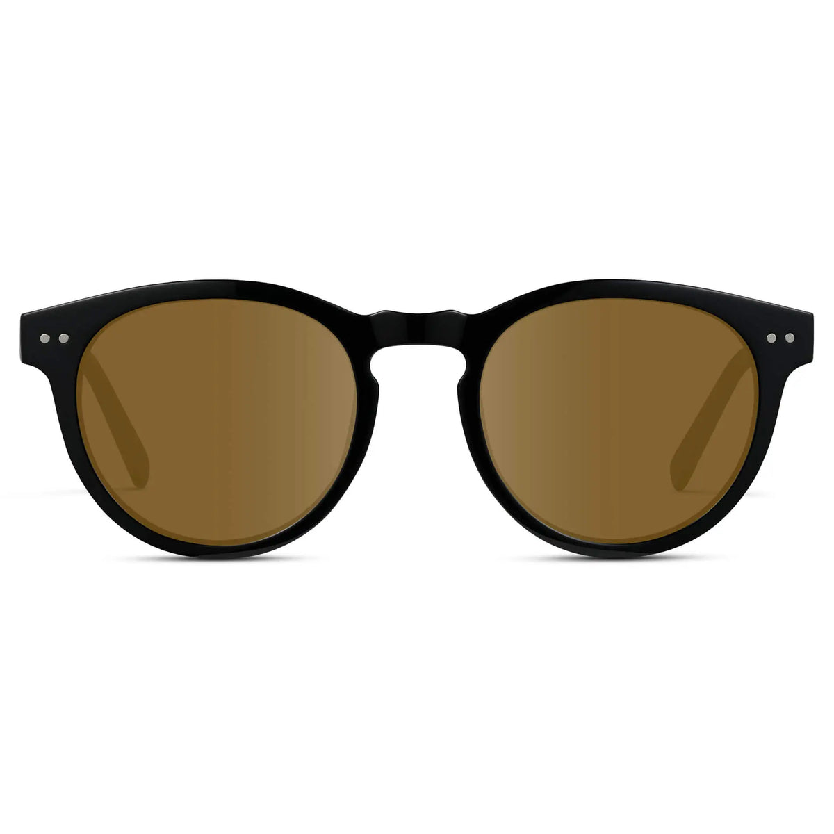Black / Amber || Black Round Frame Prescription Sunglasses with Brown Lenses on a white background