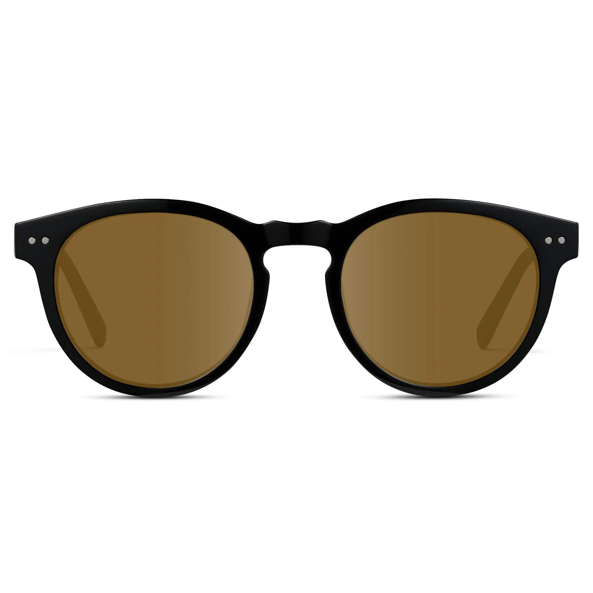 Black / Amber || Black Round Frame Prescription Sunglasses with Brown Lenses on a white background