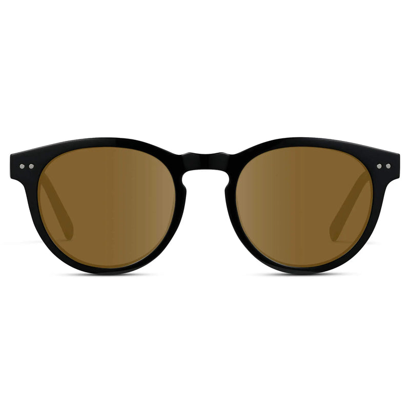 Black / Amber || Black Round Frame Prescription Sunglasses with Brown Lenses on a white background