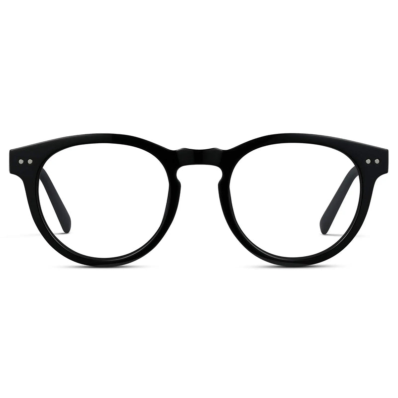 Black || Women's Round Prescription Glasses with Black Frame and Clear Lenses on a white background