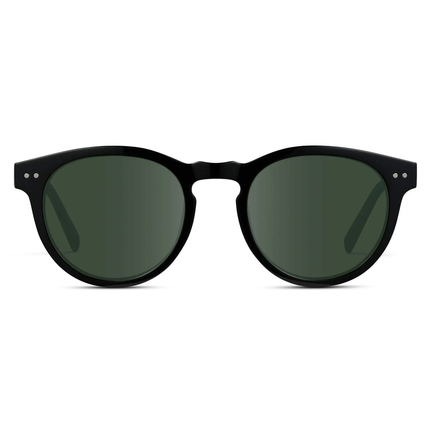 Black / G15 || Black Round Frame Prescription Sunglasses with Green Lenses on a white background