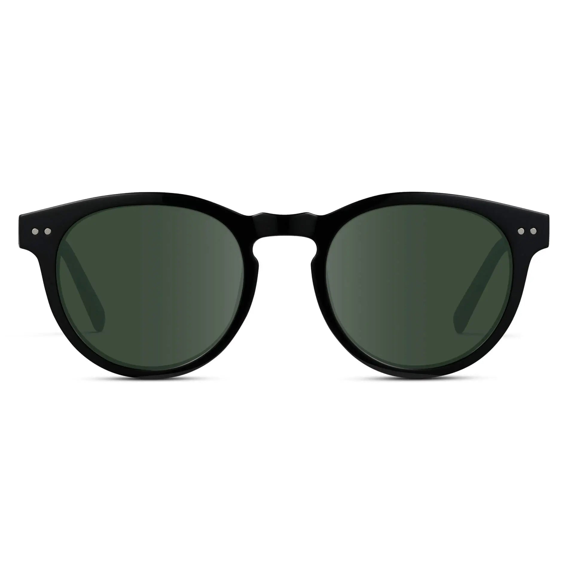 Black / G15 || Black Round Frame Prescription Sunglasses with Green Lenses on a white background