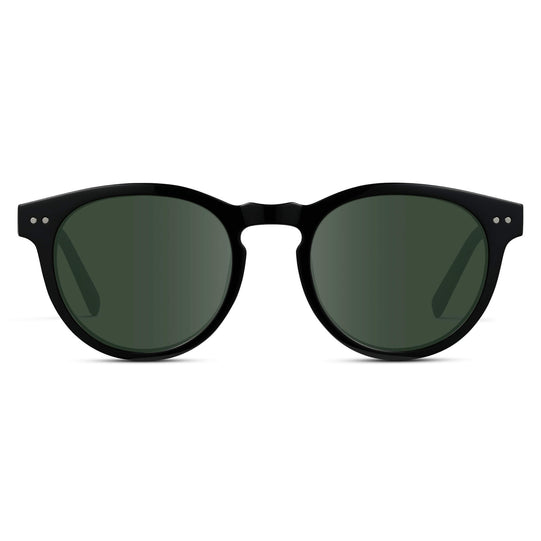 Black / G15 Lens || Black Round Frame Prescription Sunglasses with Green Lenses