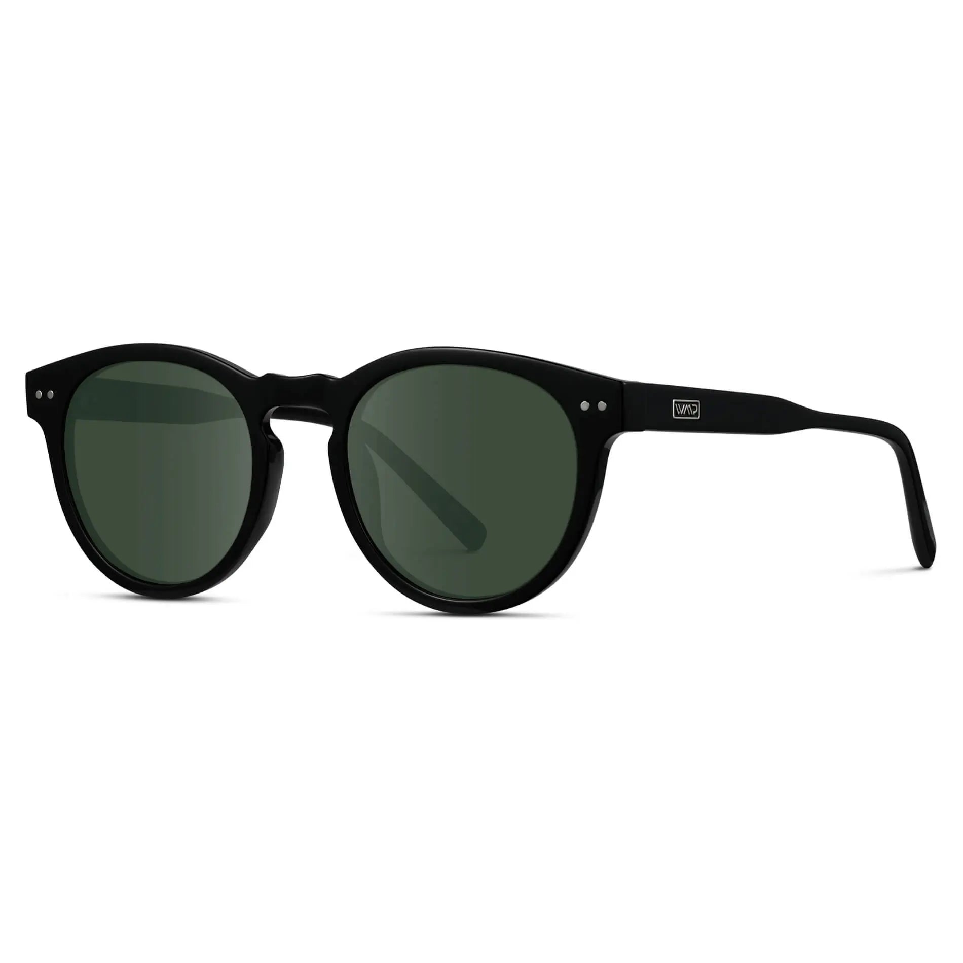 Black / G15 || Side view of Black Round Frame Prescription Sunglasses with Green Lenses on a white background