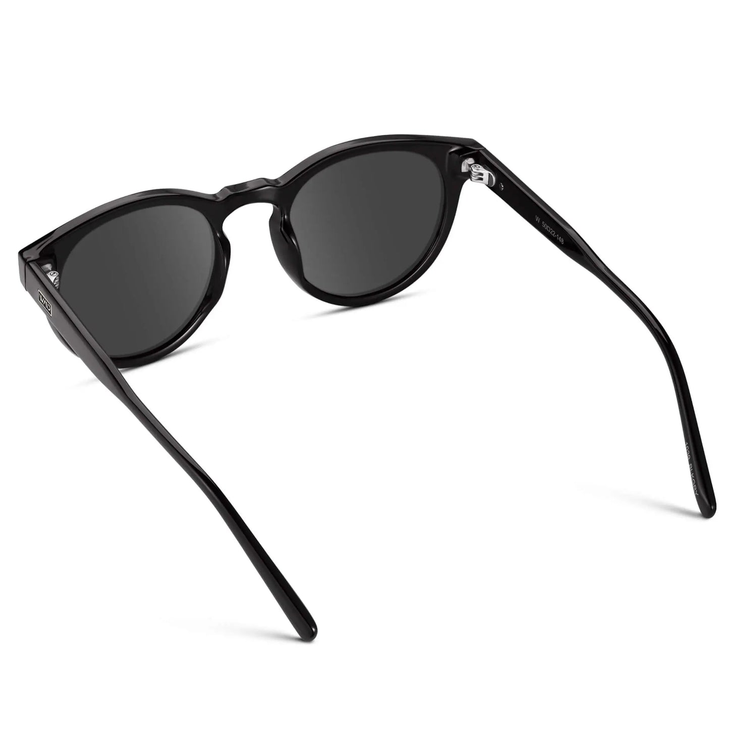 Black / Grey || Back view of Black Round Frame Prescription Sunglasses with Grey Lenses on a white background