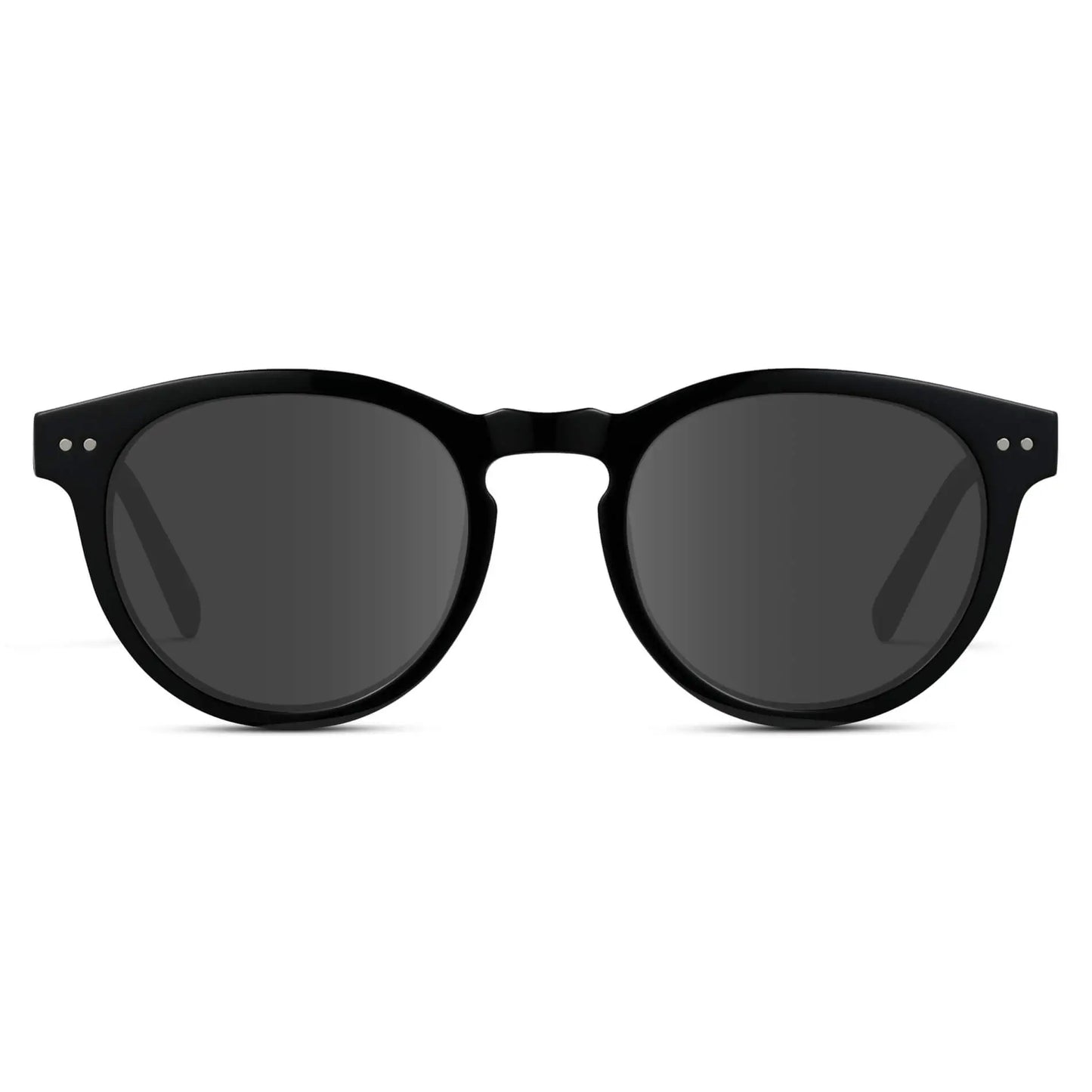 Black / Grey || Black Round Frame Prescription Sunglasses with Grey Lenses on a white background