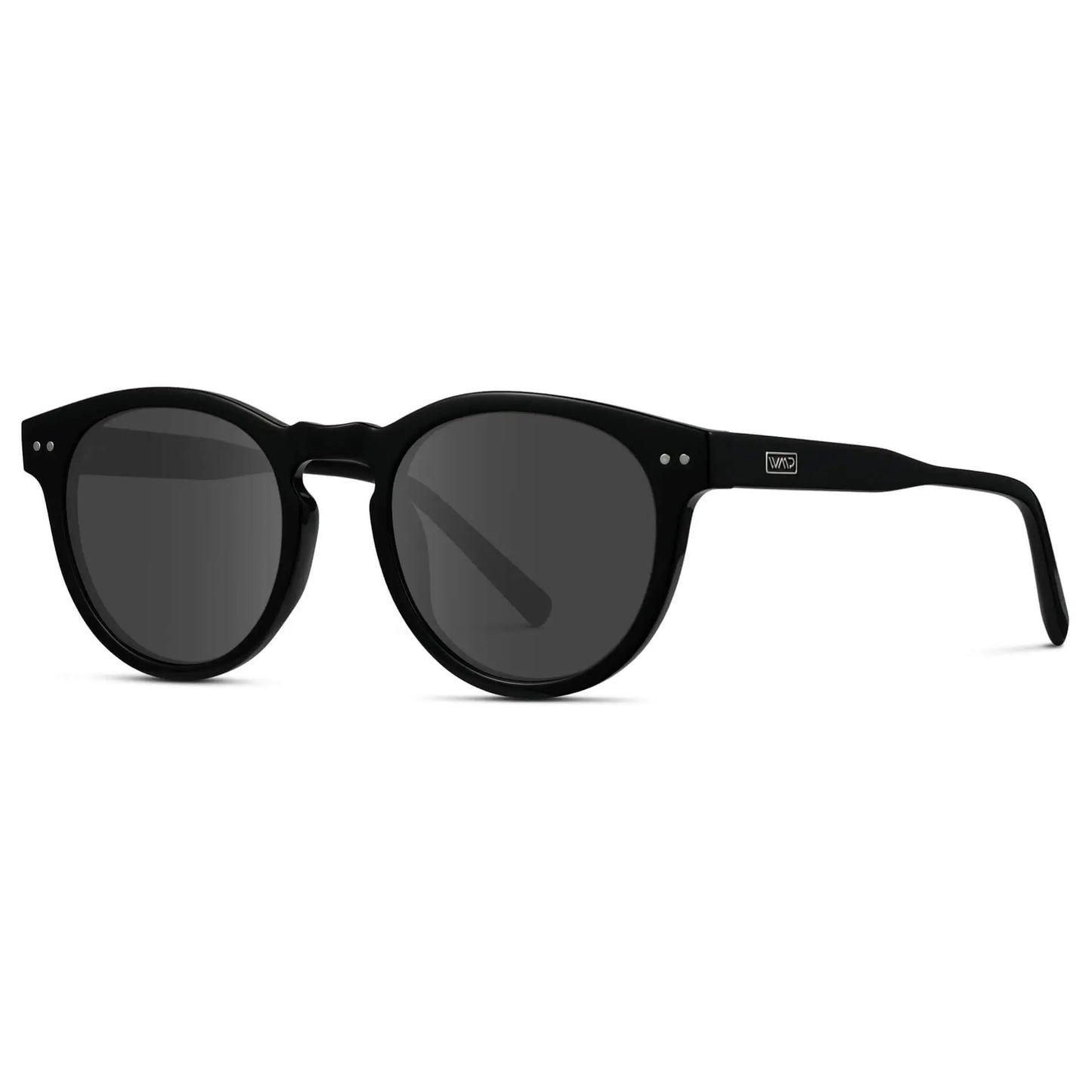 Black / Grey || Side view of Black Round Frame Prescription Sunglasses with Grey Lenses on a white background