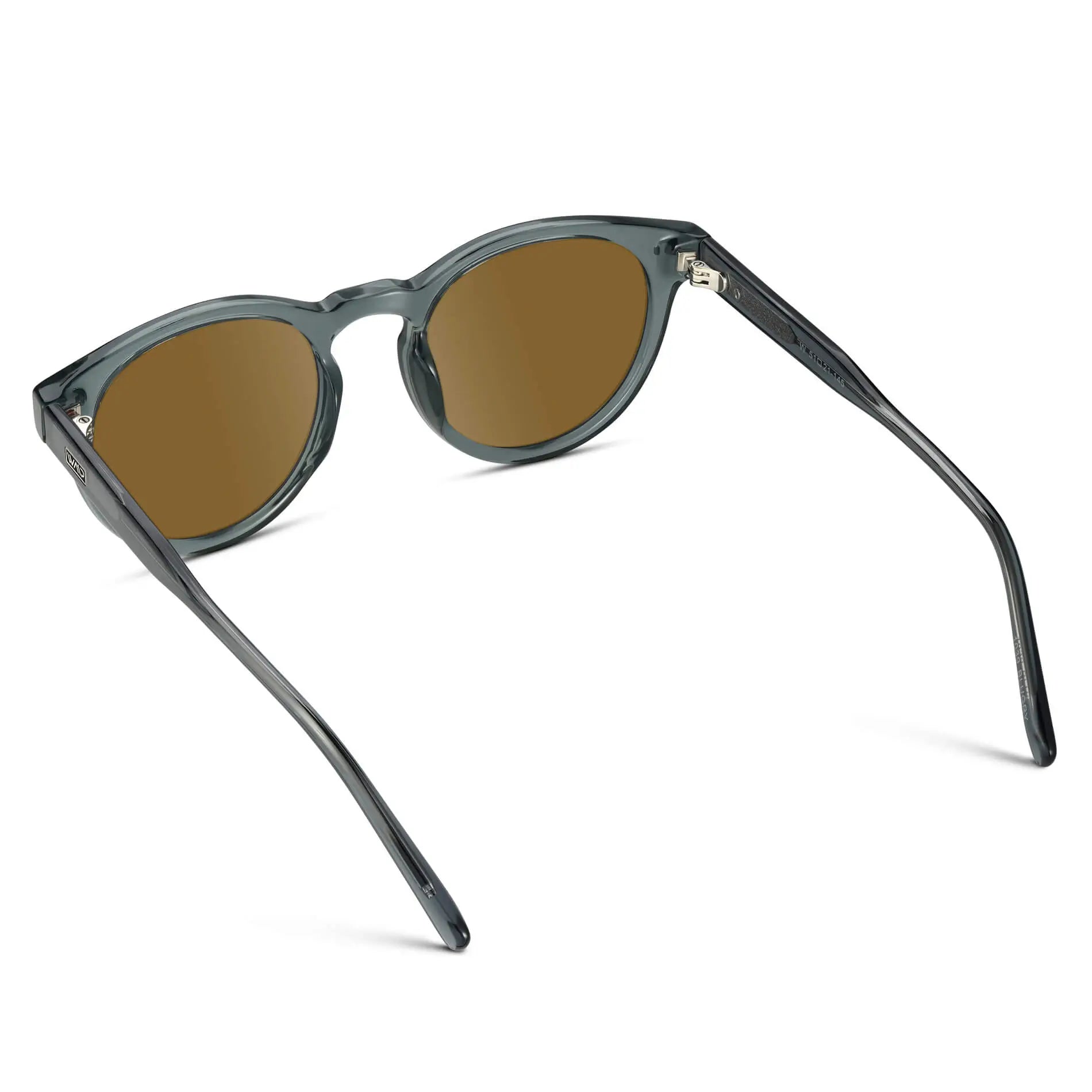 Crystal Blue / Amber || Back view of Blue Round Frame Prescription Sunglasses with Brown Lenses on a white background