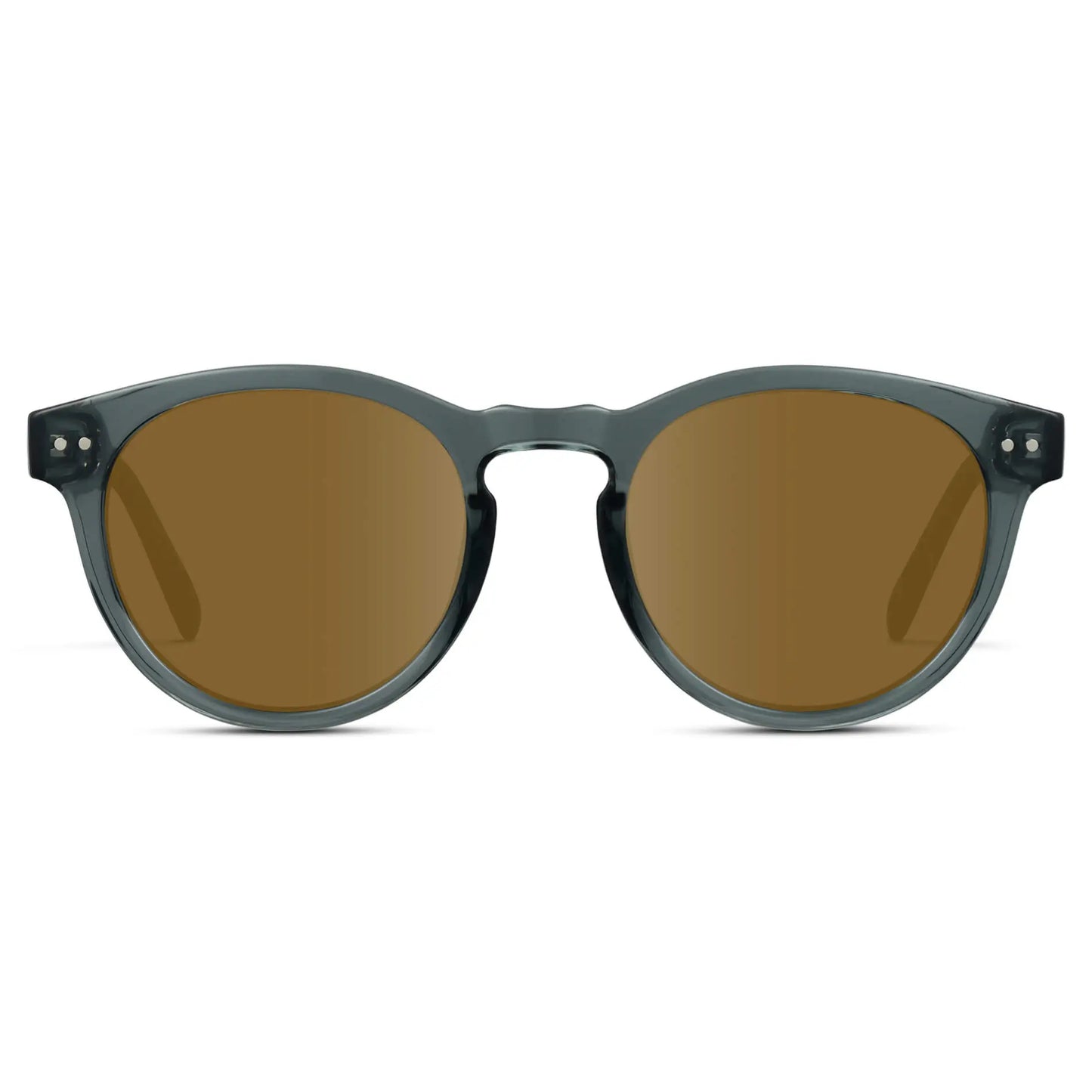 Crystal Blue / Amber || Blue Round Frame Prescription Sunglasses with Brown Lenses on a white background