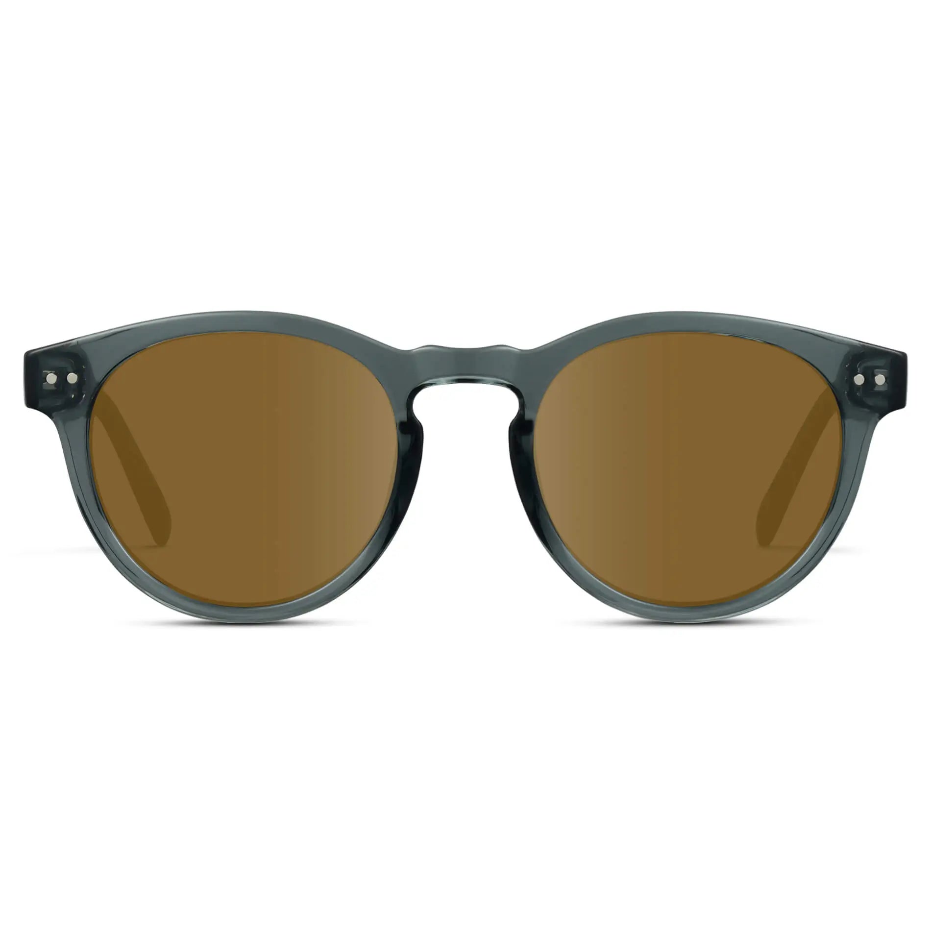 Crystal Blue / Amber || Blue Round Frame Prescription Sunglasses with Brown Lenses on a white background