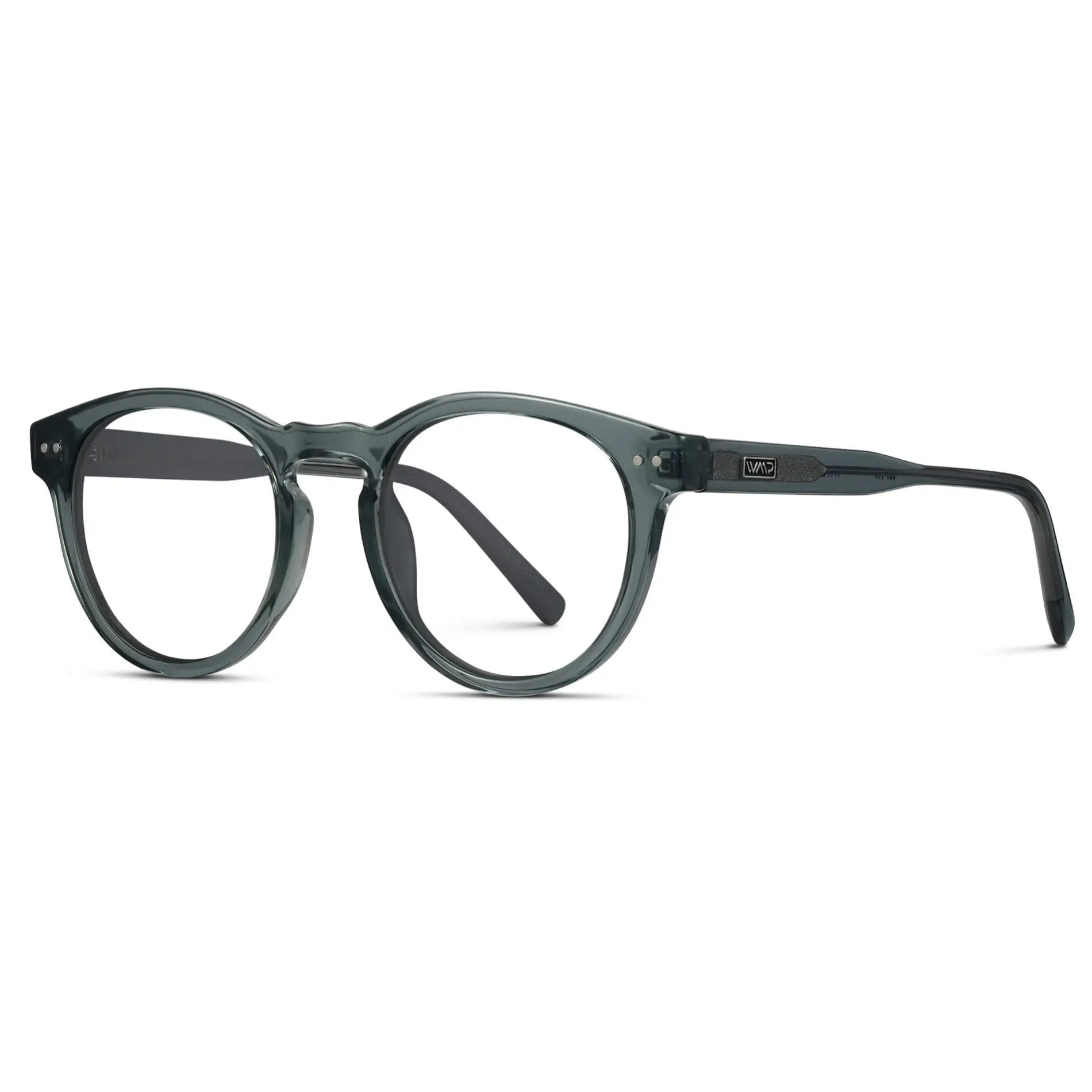 Crystal Blue || Side view of Women's Round Prescription Glasses with Crystal Blue Frame and Clear Lenses on a white background