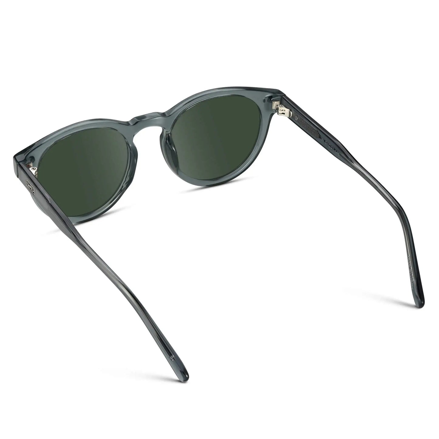 Crystal Blue / G15 || Back view of Blue Round Frame Prescription Sunglasses with Green Lenses on a white background