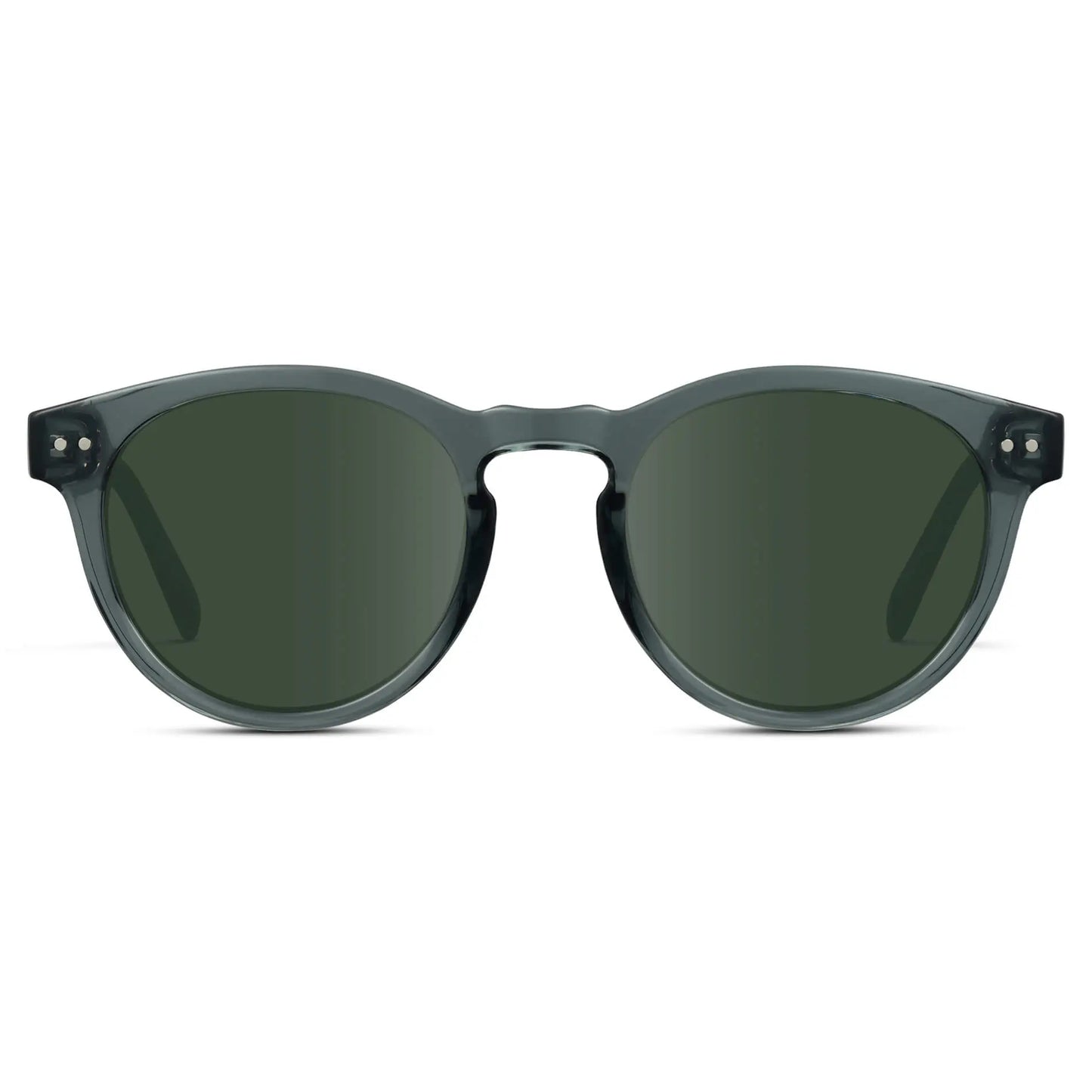 Crystal Blue / G15 || Blue Round Frame Prescription Sunglasses with Green Lenses on a white background