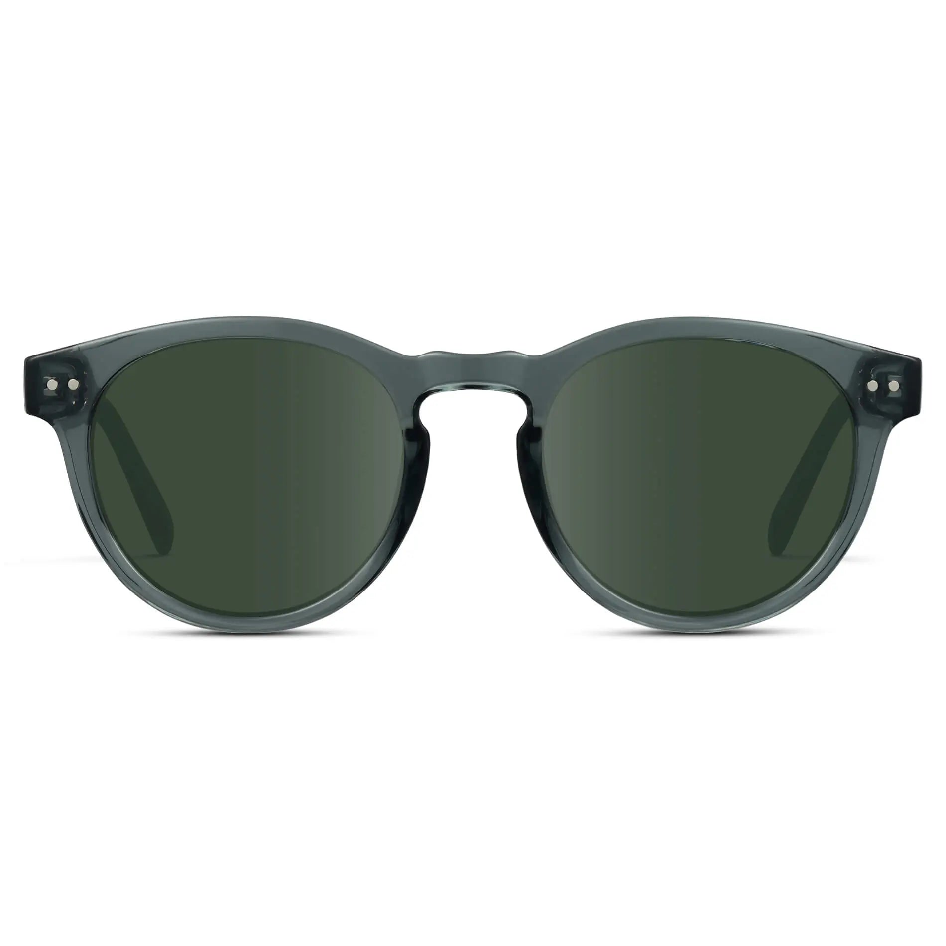 Crystal Blue / G15 || Blue Round Frame Prescription Sunglasses with Green Lenses on a white background
