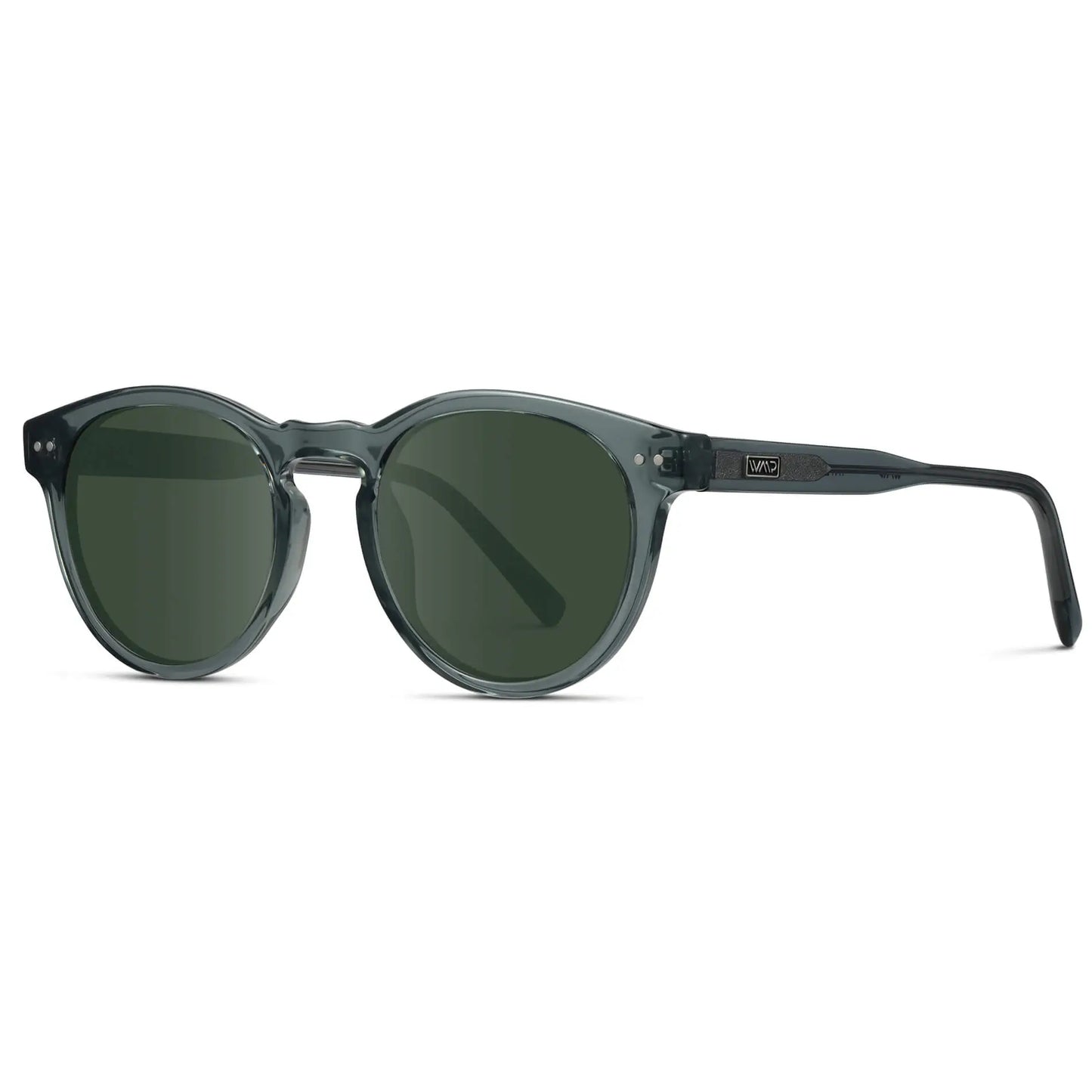 Crystal Blue / G15 || Side view of Blue Round Frame Prescription Sunglasses with Green Lenses on a white background