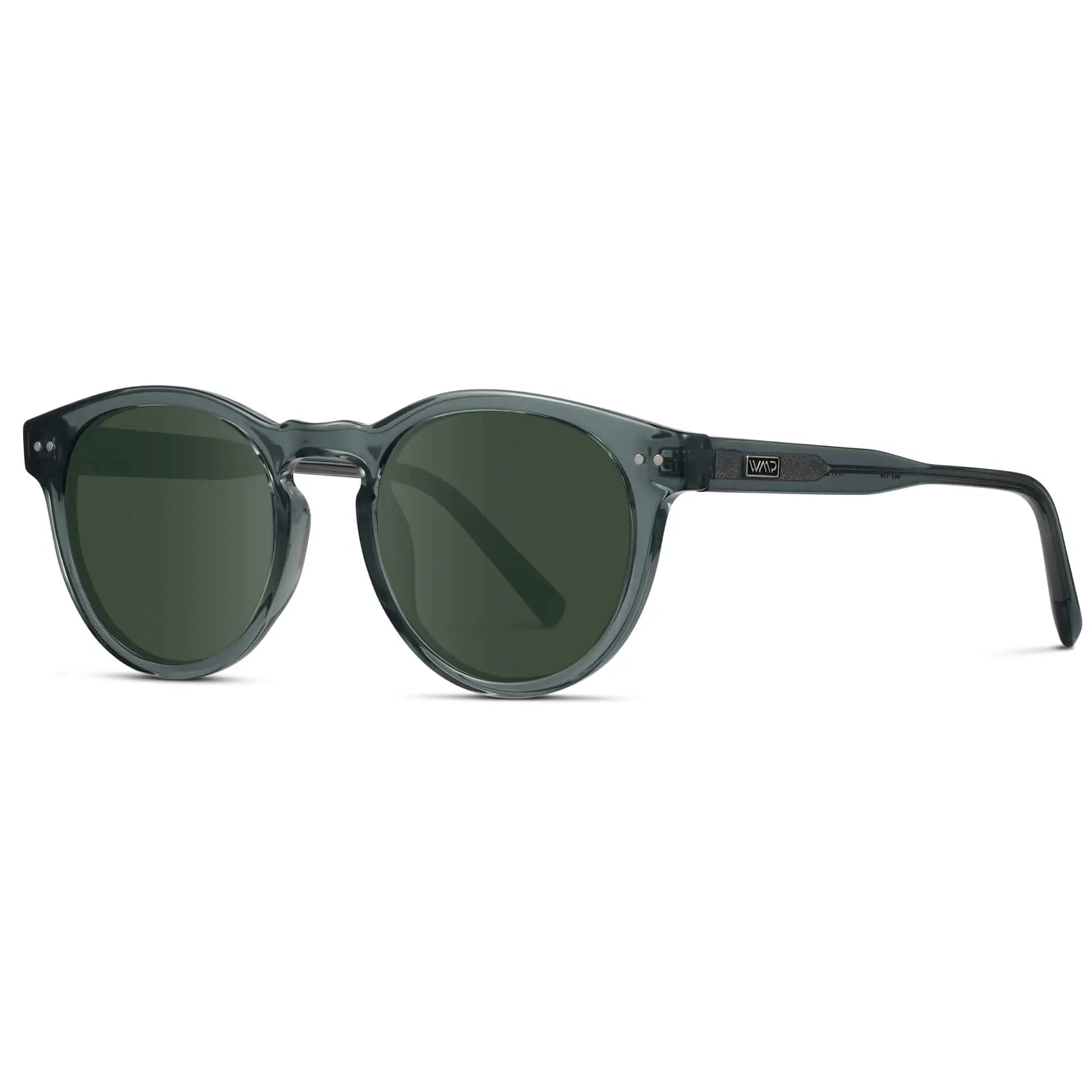 Crystal Blue / G15 || Side view of Blue Round Frame Prescription Sunglasses with Green Lenses on a white background