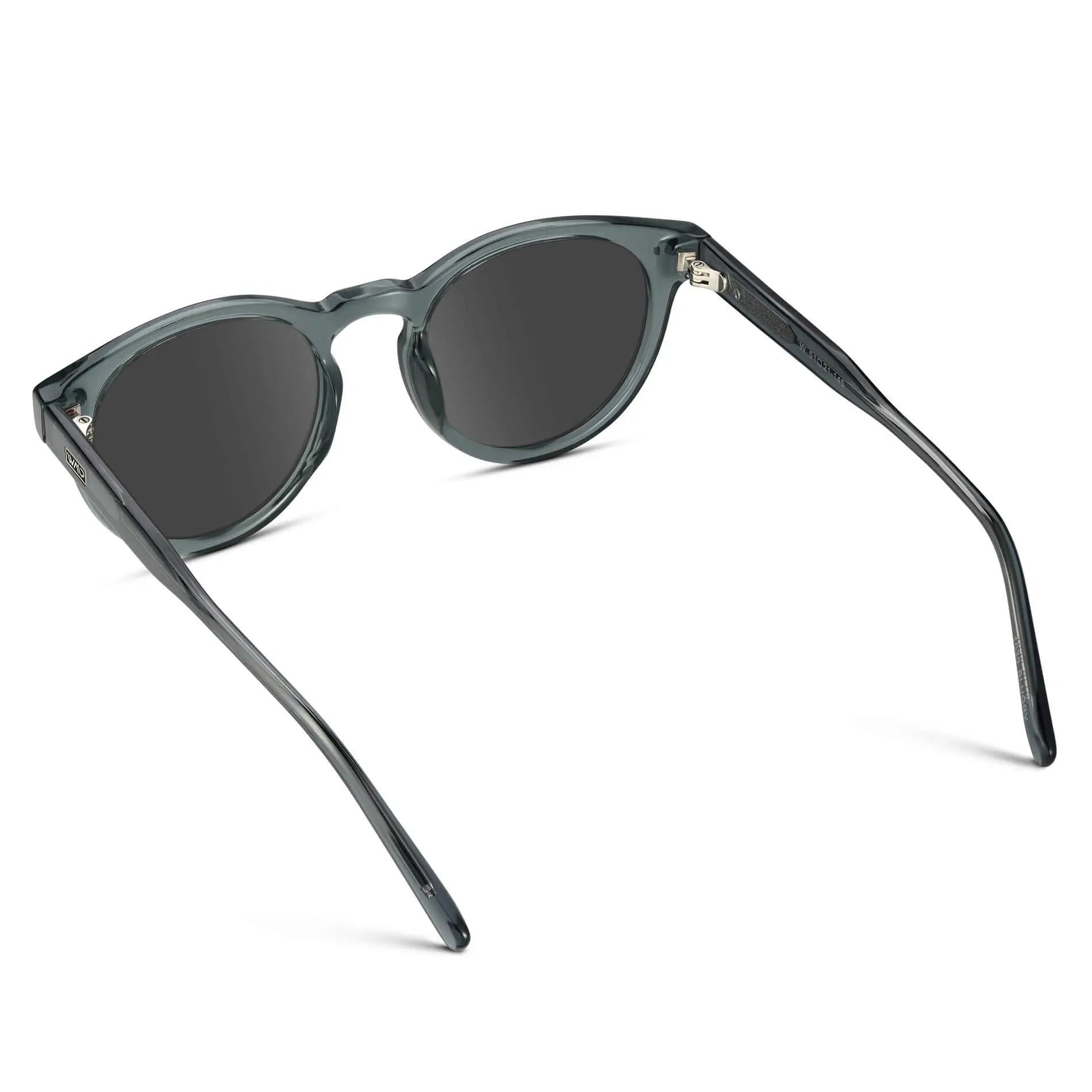 Crystal Blue / Grey || Back view of Blue Round Frame Prescription Sunglasses with Grey Lenses on a white background