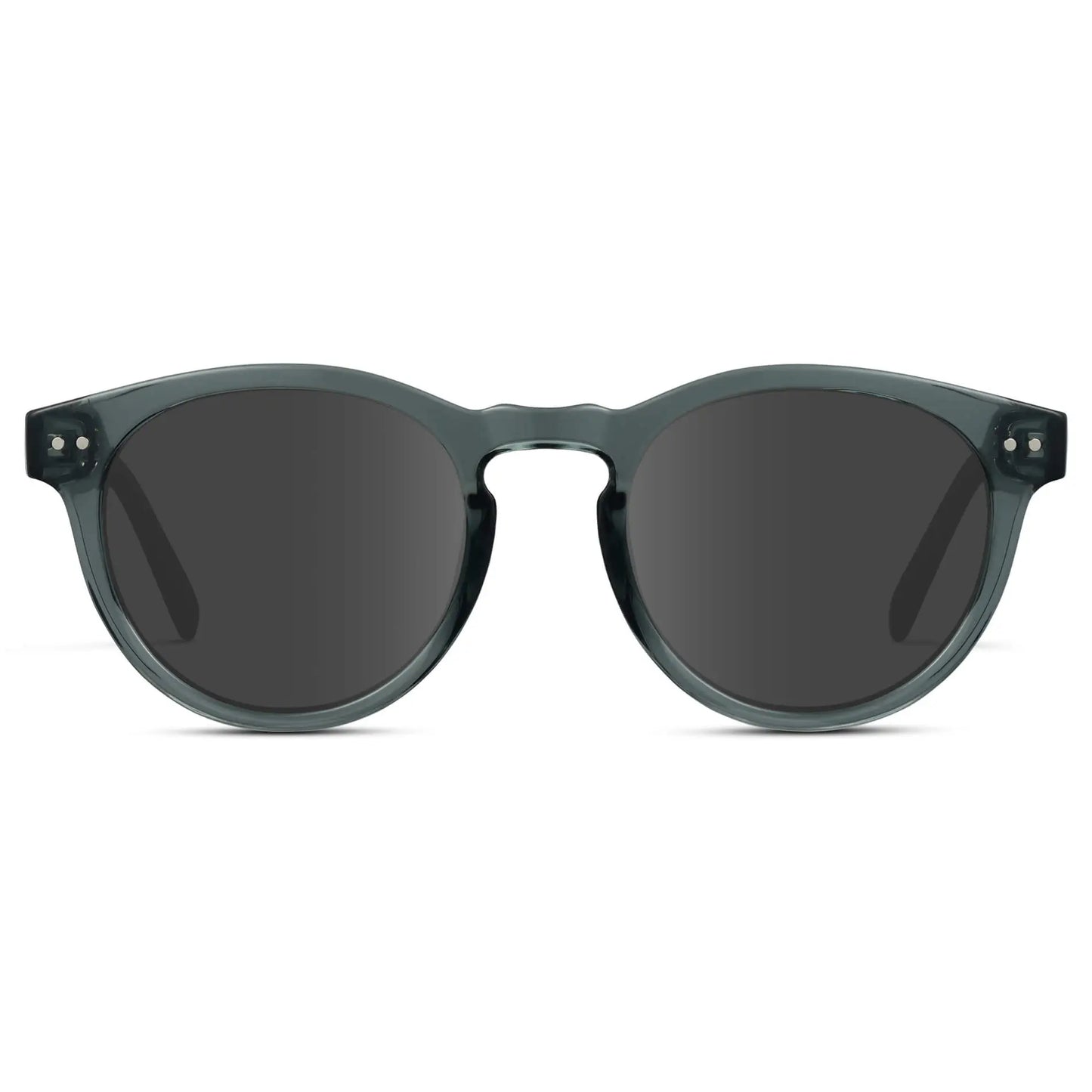 Crystal Blue / Grey || Blue Round Frame Prescription Sunglasses with Grey Lenses on a white background