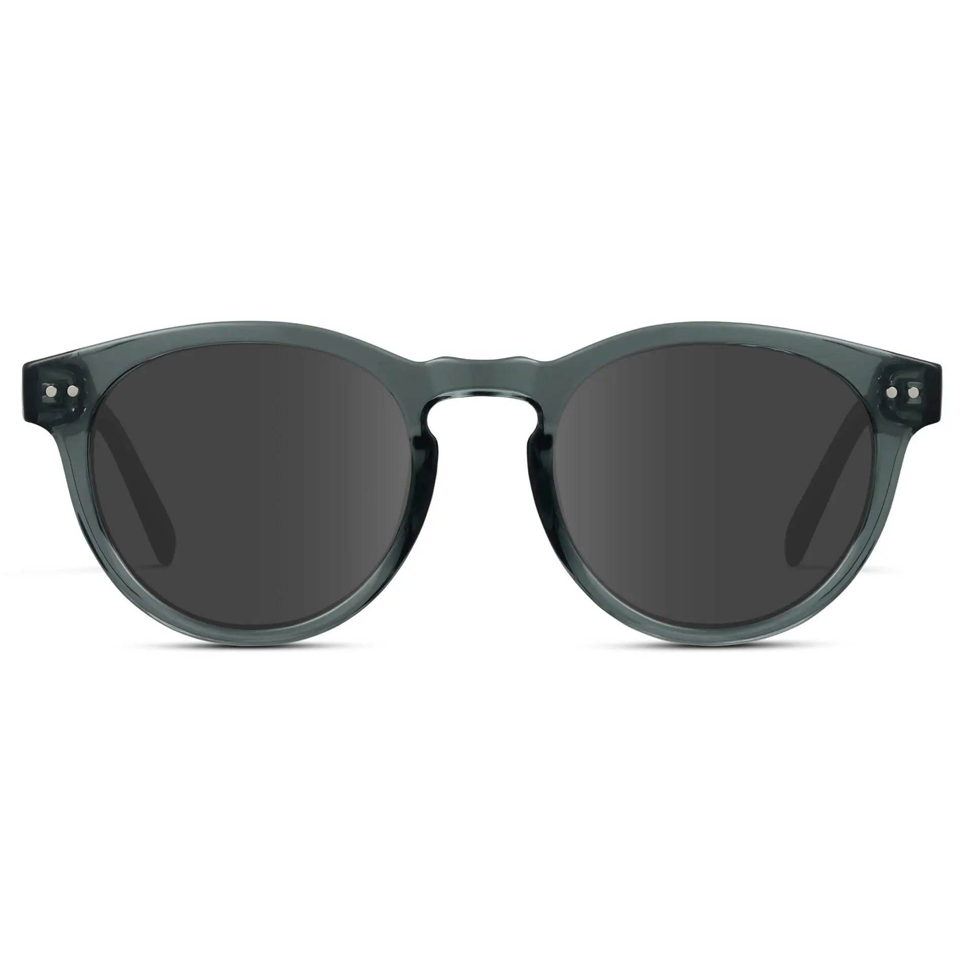 Crystal Blue / Grey || Blue Round Frame Prescription Sunglasses with Grey Lenses on a white background