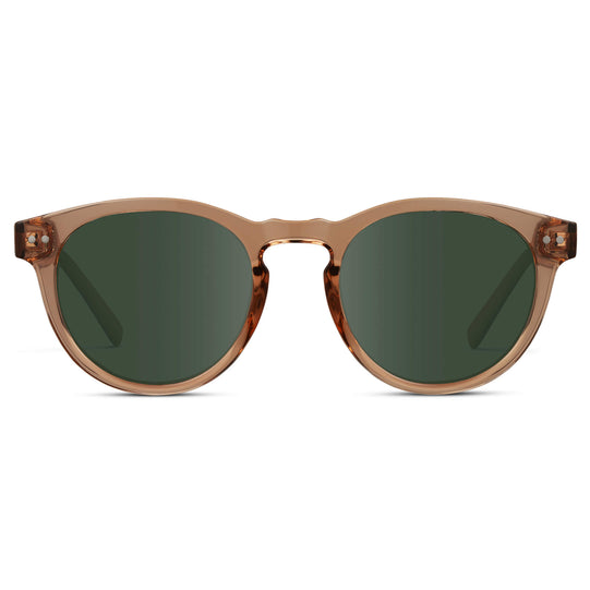 Light Crystal Brown / G15 Lens || Brown Round Frame Prescription Sunglasses with Green Lenses