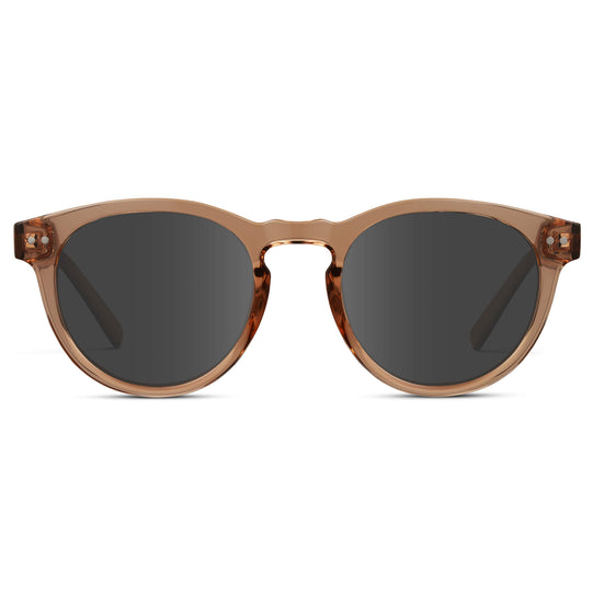 Light Crystal Brown / Grey Lens || Brown Round Frame Prescription Sunglasses with Grey Lenses