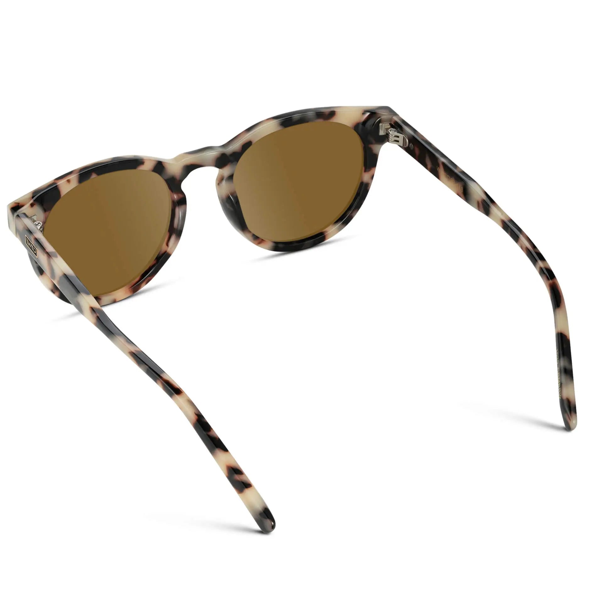 Beige Tortoise / Amber || Back view of Tortoise Round Frame Prescription Sunglasses with Brown Lenses on a white background