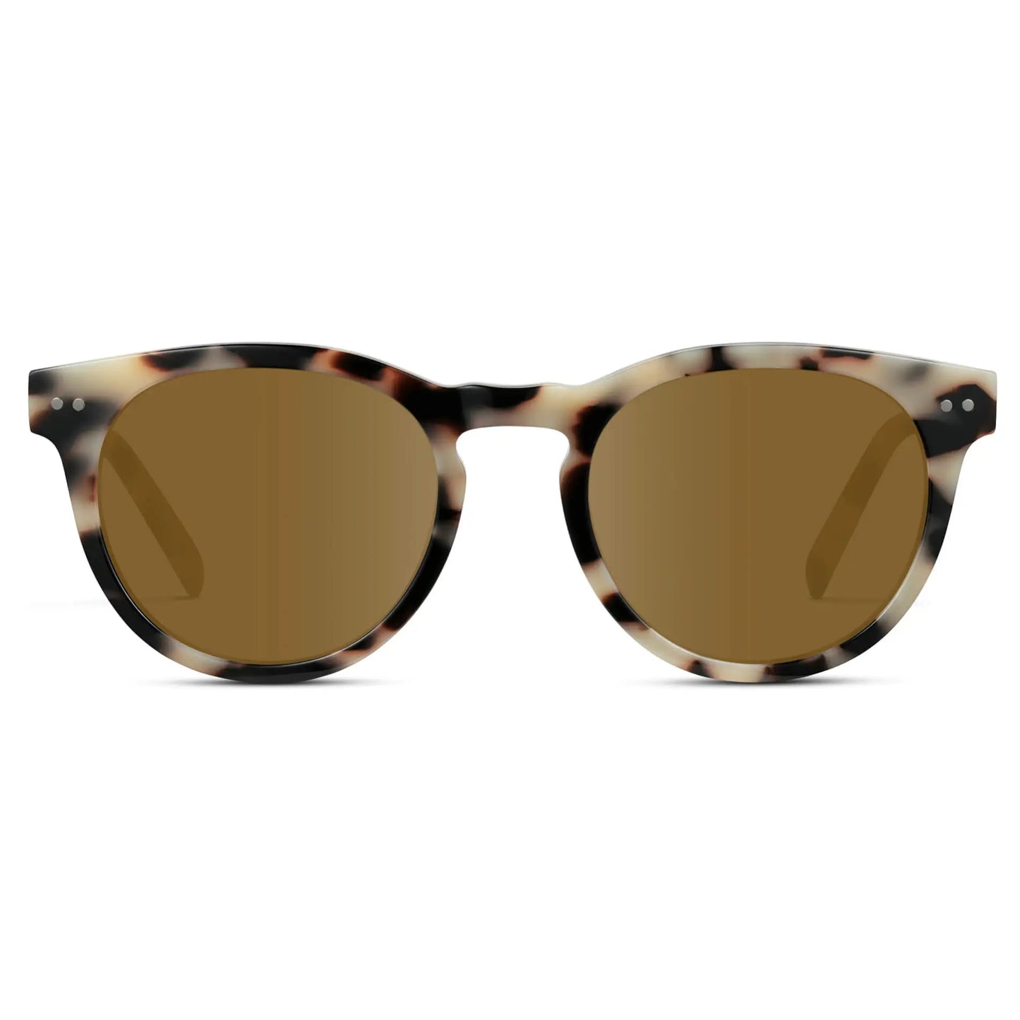 Beige Tortoise / Amber || Tortoise Round Frame Prescription Sunglasses with Brown Lenses on a white background