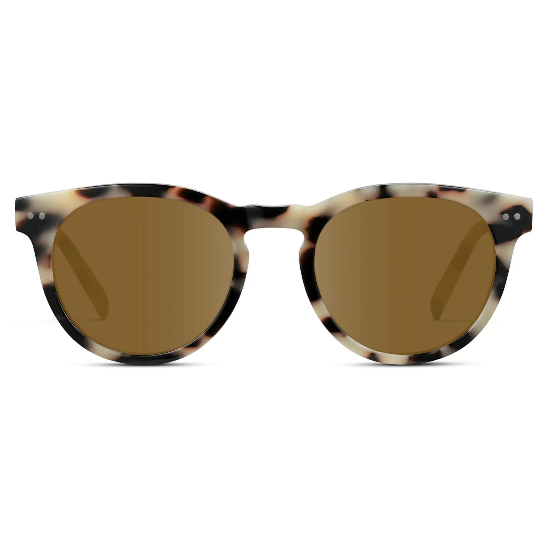 Beige Tortoise / Amber || Tortoise Round Frame Prescription Sunglasses with Brown Lenses on a white background