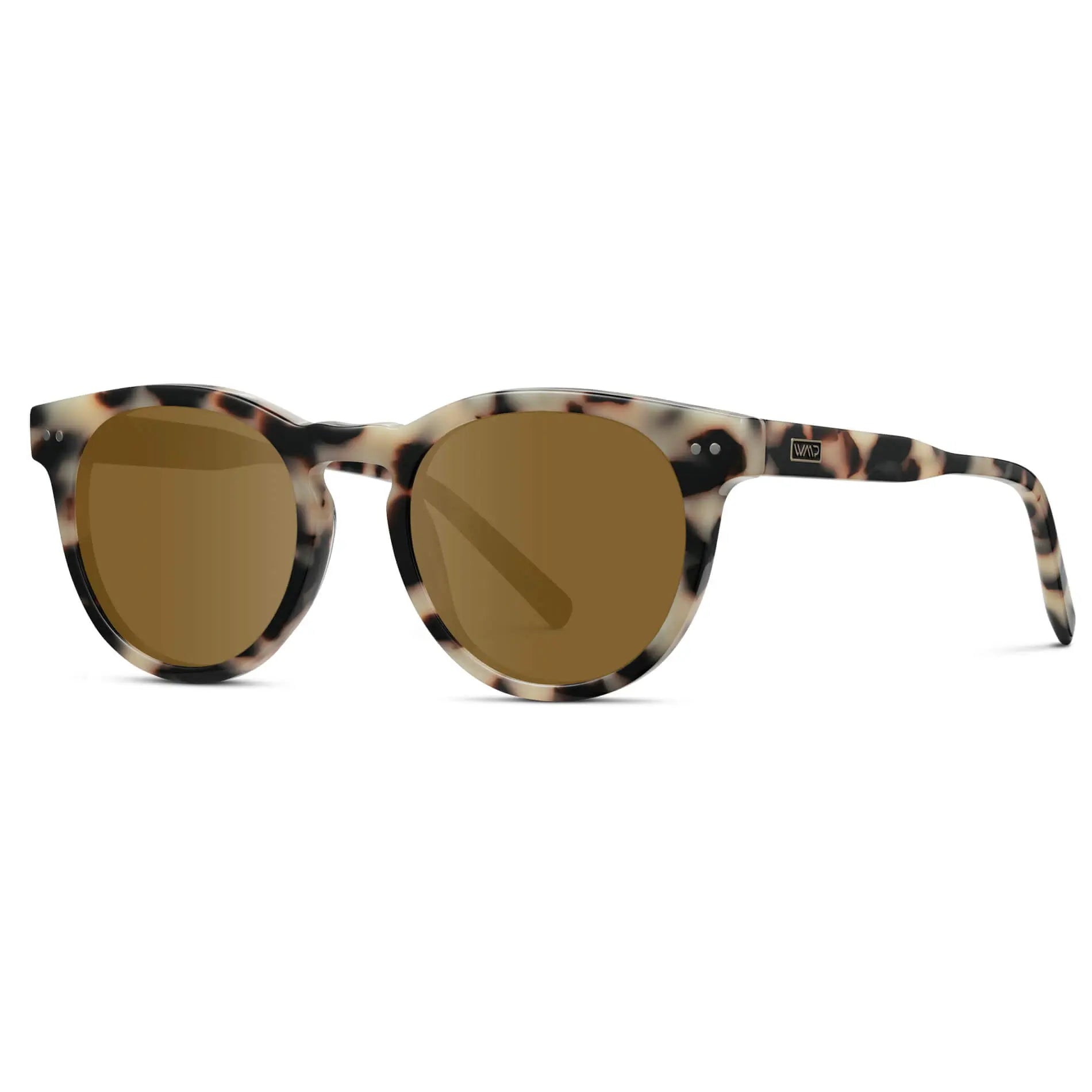 Beige Tortoise / Amber || Side view of Tortoise Round Frame Prescription Sunglasses with Brown Lenses on a white background