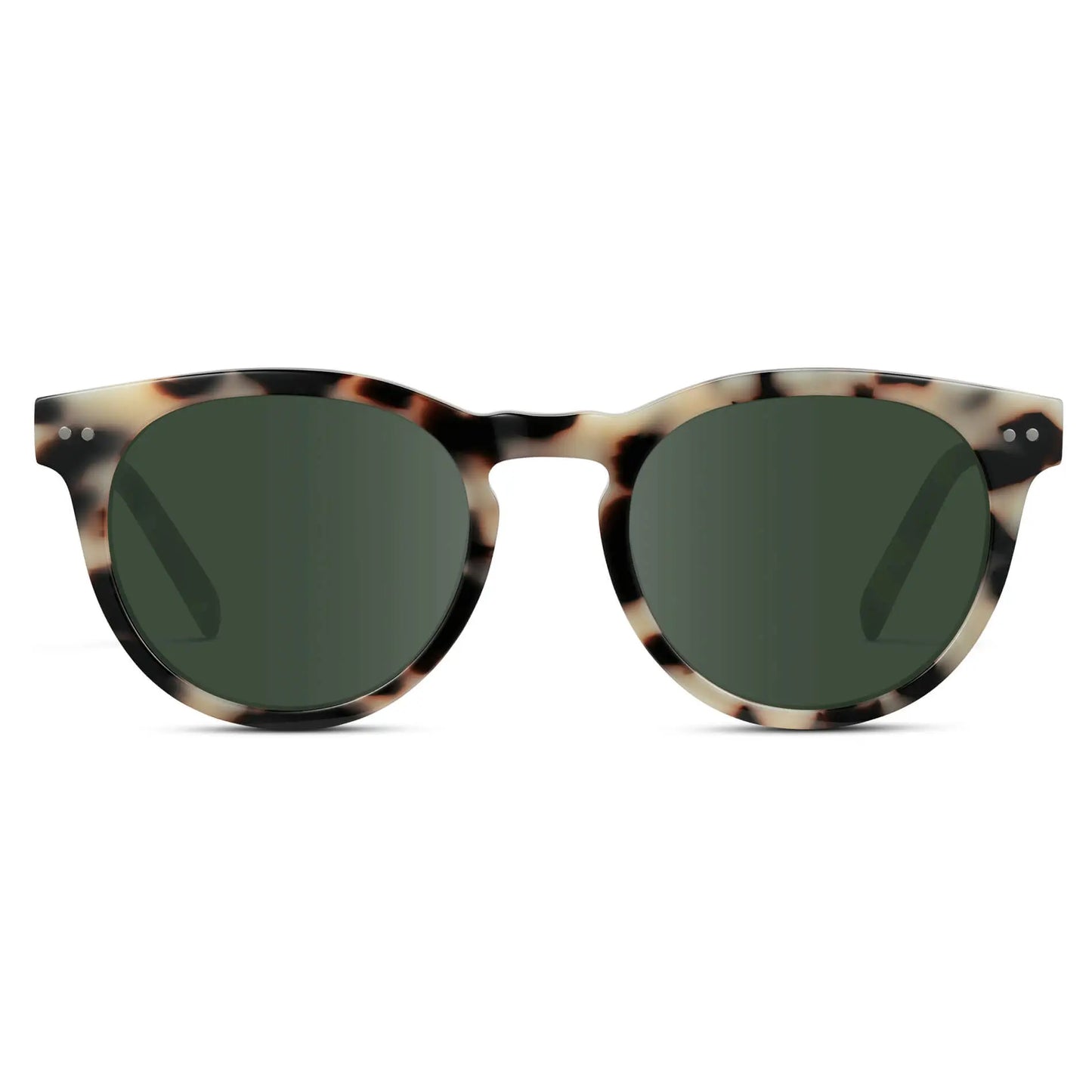 Beige Tortoise / G15 || Tortoise Round Frame Prescription Sunglasses with Green Lenses on a white background