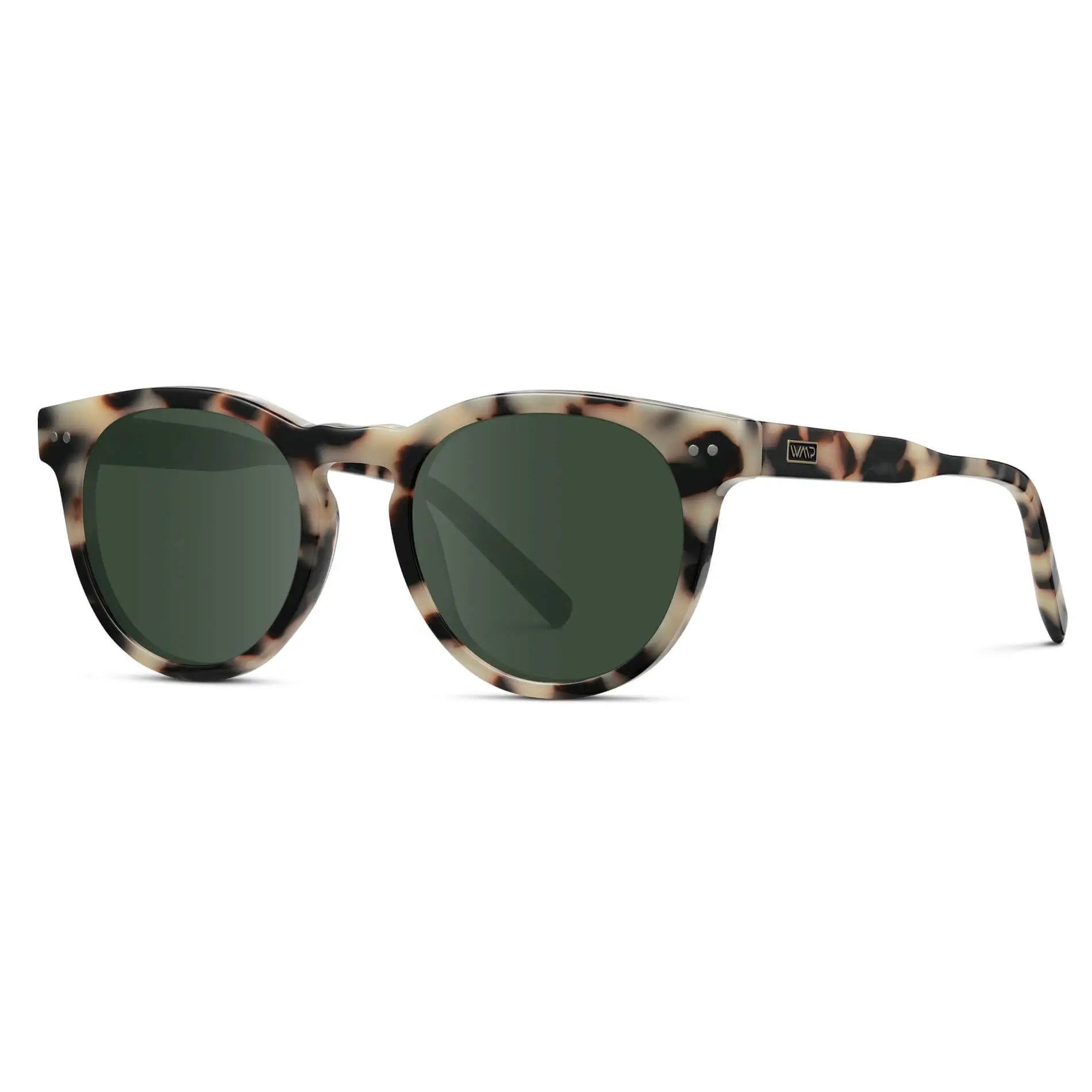 Beige Tortoise / G15 || Side view of Tortoise Round Frame Prescription Sunglasses with Green Lenses on a white background