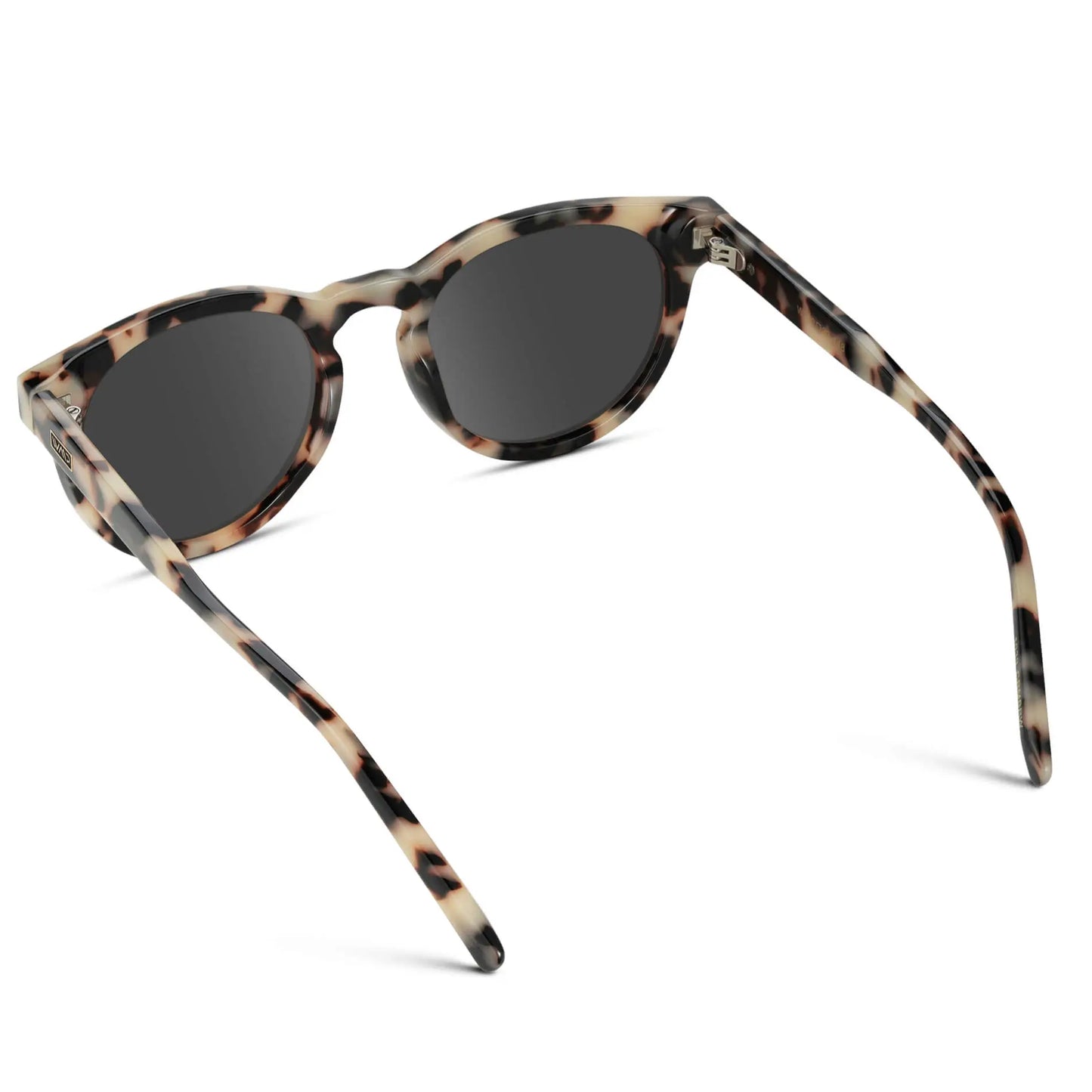 Beige Tortoise / Grey || Back view of Tortoise Round Frame Prescription Sunglasses with Grey Lenses on a white background