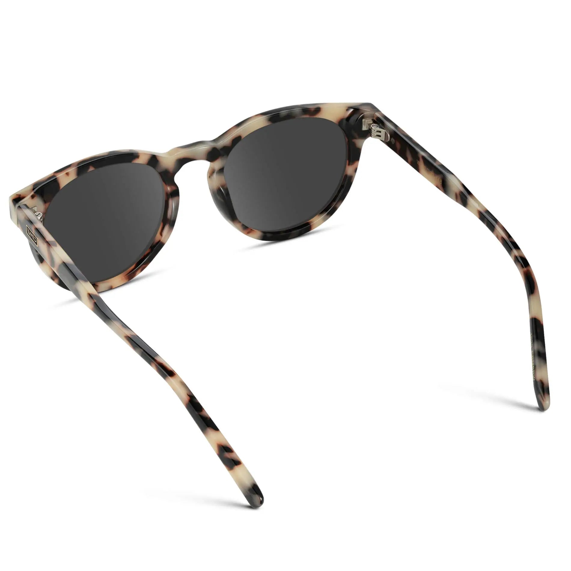 Beige Tortoise / Grey || Back view of Tortoise Round Frame Prescription Sunglasses with Grey Lenses on a white background