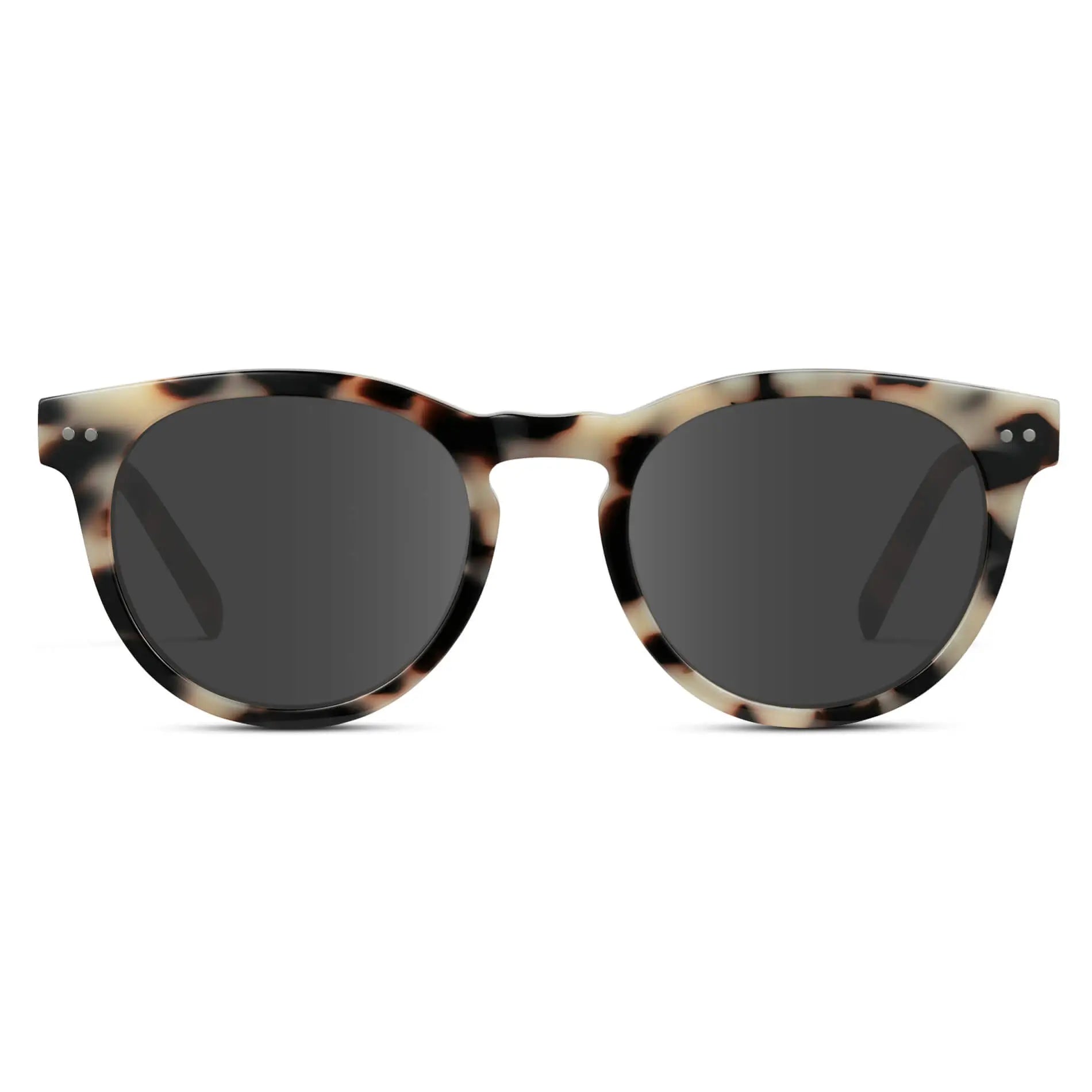 Beige Tortoise / Grey || Tortoise Round Frame Prescription Sunglasses with Grey Lenses on a white background