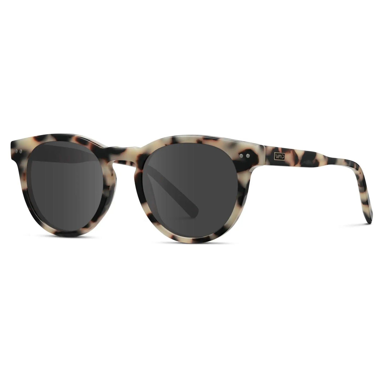 Beige Tortoise / Grey || Side view of Tortoise Round Frame Prescription Sunglasses with Grey Lenses on a white background