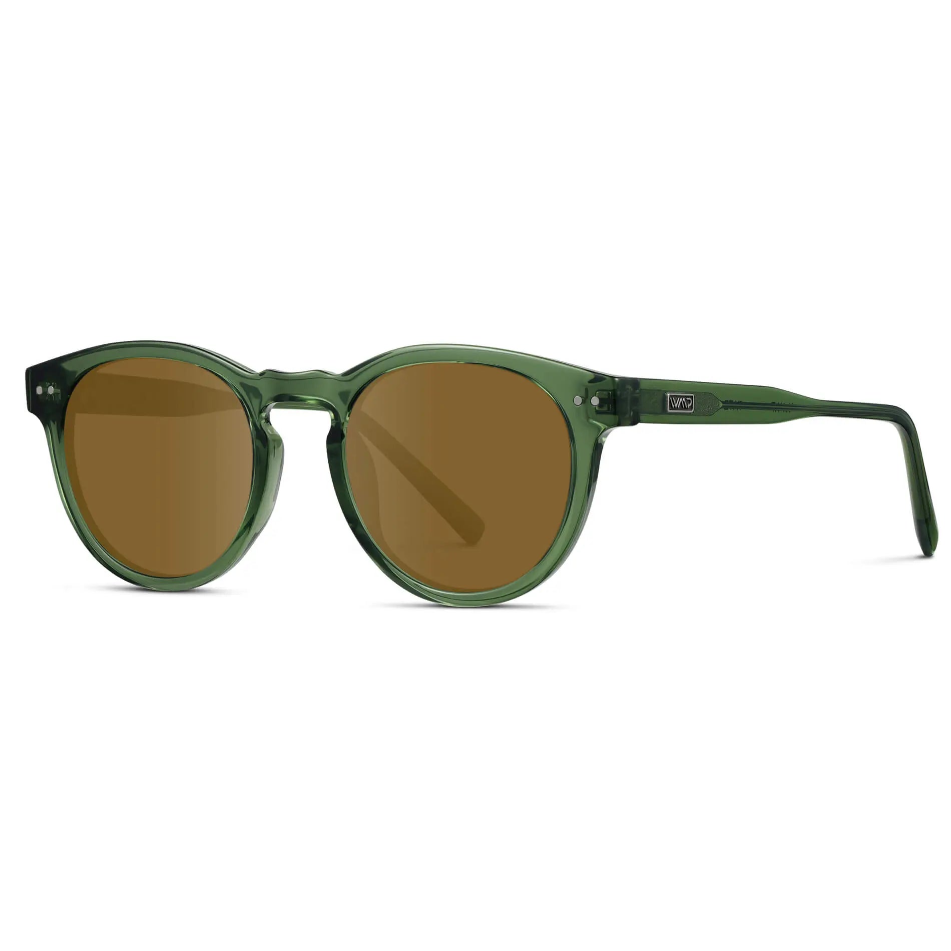 Emerald Green / Amber || Side view of Emerald Green Round Frame with Brown Prescription Lens on a white background 