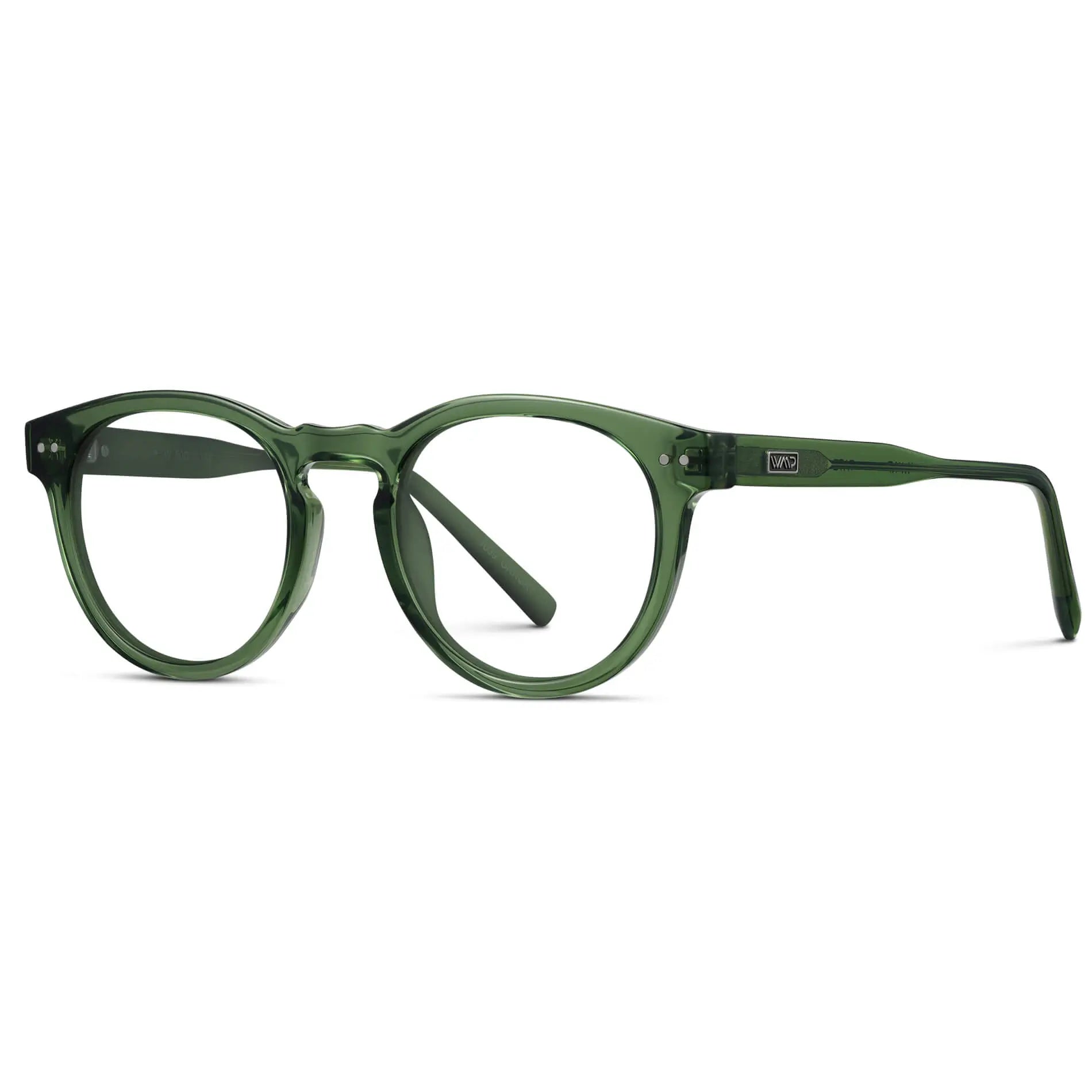 Emerald Green || Side view of Women's Round Prescription Glasses with Green Frame and Clear Lenses on a white background
