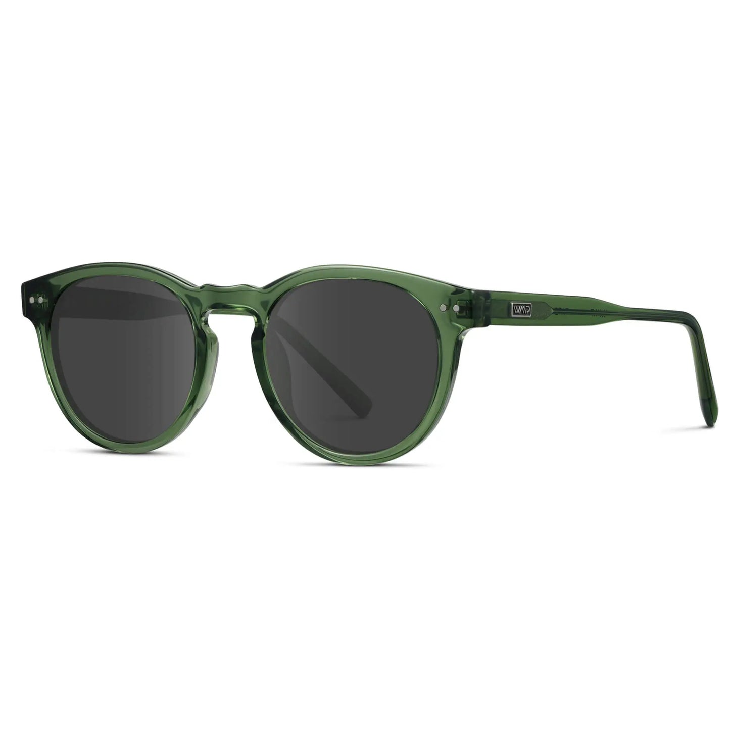Emerald Green / Grey || Side view of Emerald Green Round Frame with Grey Prescription Lens on a white background 