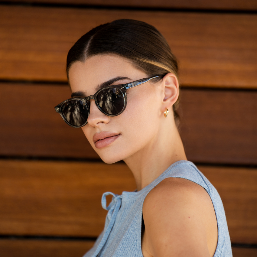Crystal Blue Frame / Black Lens || Blue Round Frame Sunglasses with Black Polarized Lenses