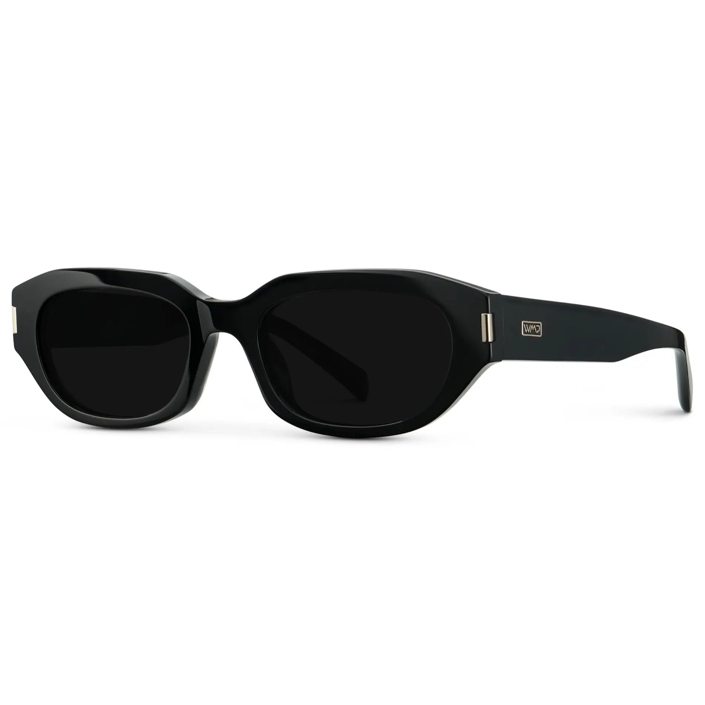 Black / Triple Black Lens || Side view of Women's Oval Polarized Sunglasses with Black Frame and Black Lenses on a white background