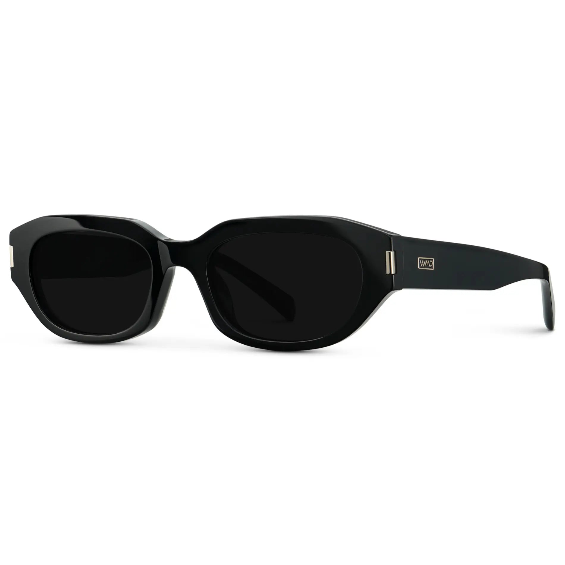 Black / Triple Black Lens || Side view of Women's Oval Polarized Sunglasses with Black Frame and Black Lenses on a white background