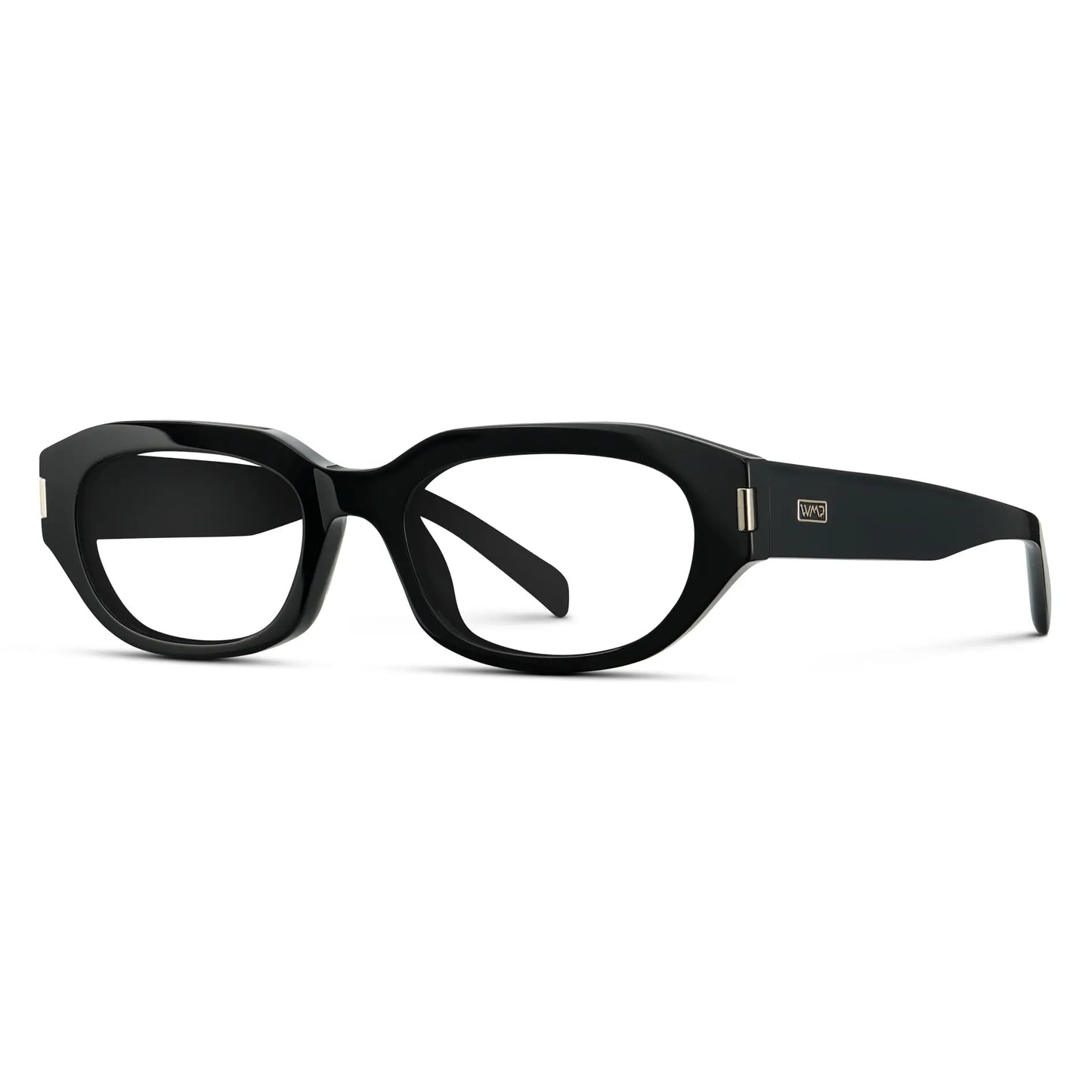Black || Side view of Women's Oval Prescription Eyeglasses with Black Frame and Clear Lenses on a white background