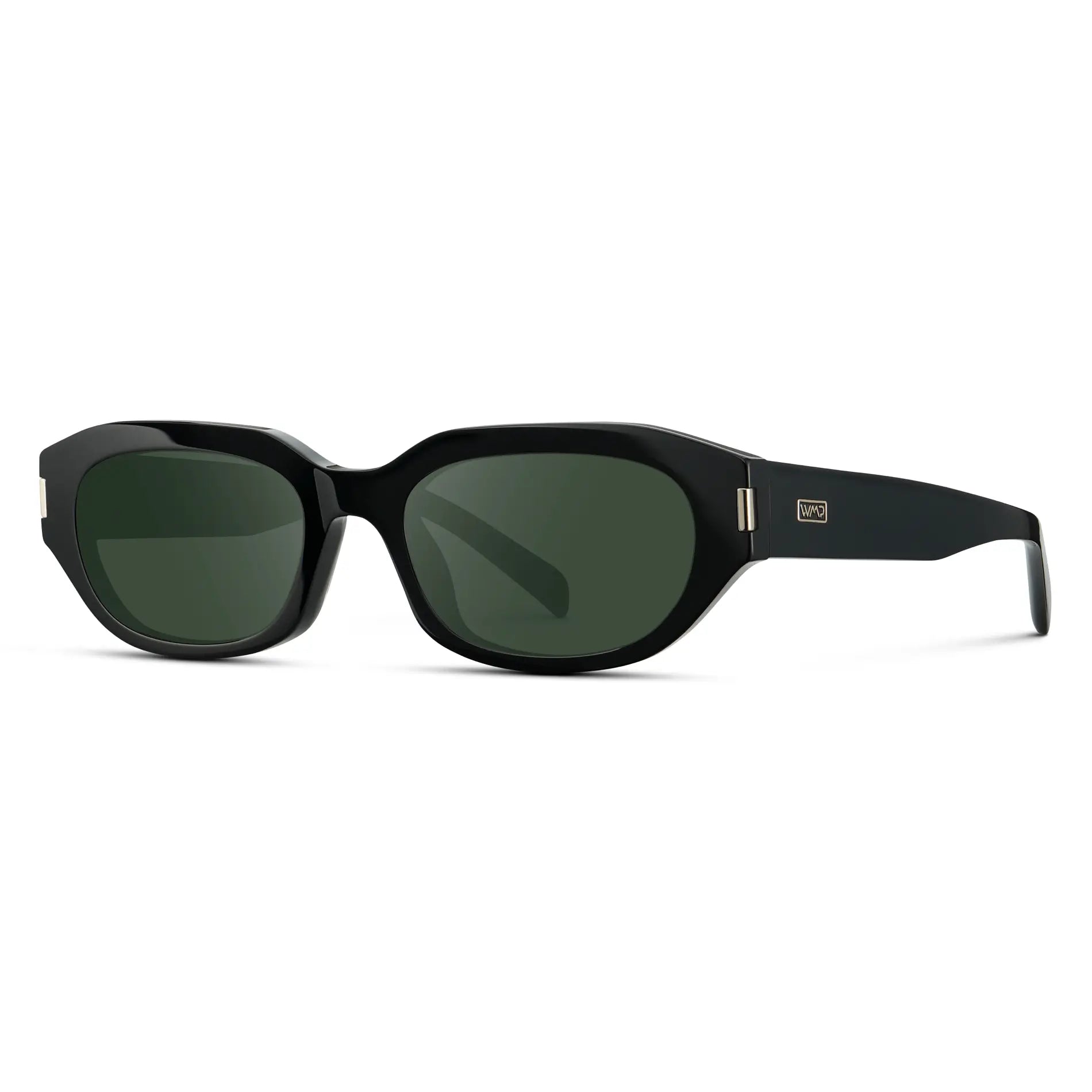 Black / G15 || Side view of Women's Oval Prescription Sunglasses with Black Frame and Green Lenses on a white background