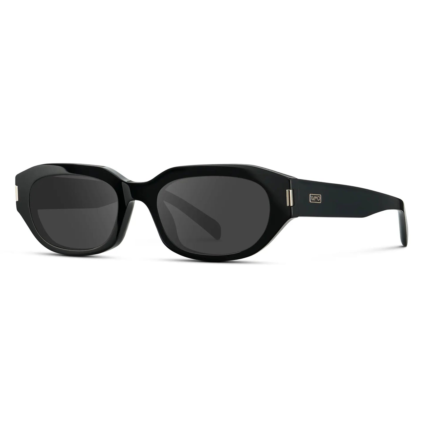 Black / Grey || Side view of Women's Oval Prescription Sunglasses with Black Frame and Grey Lenses on a white background