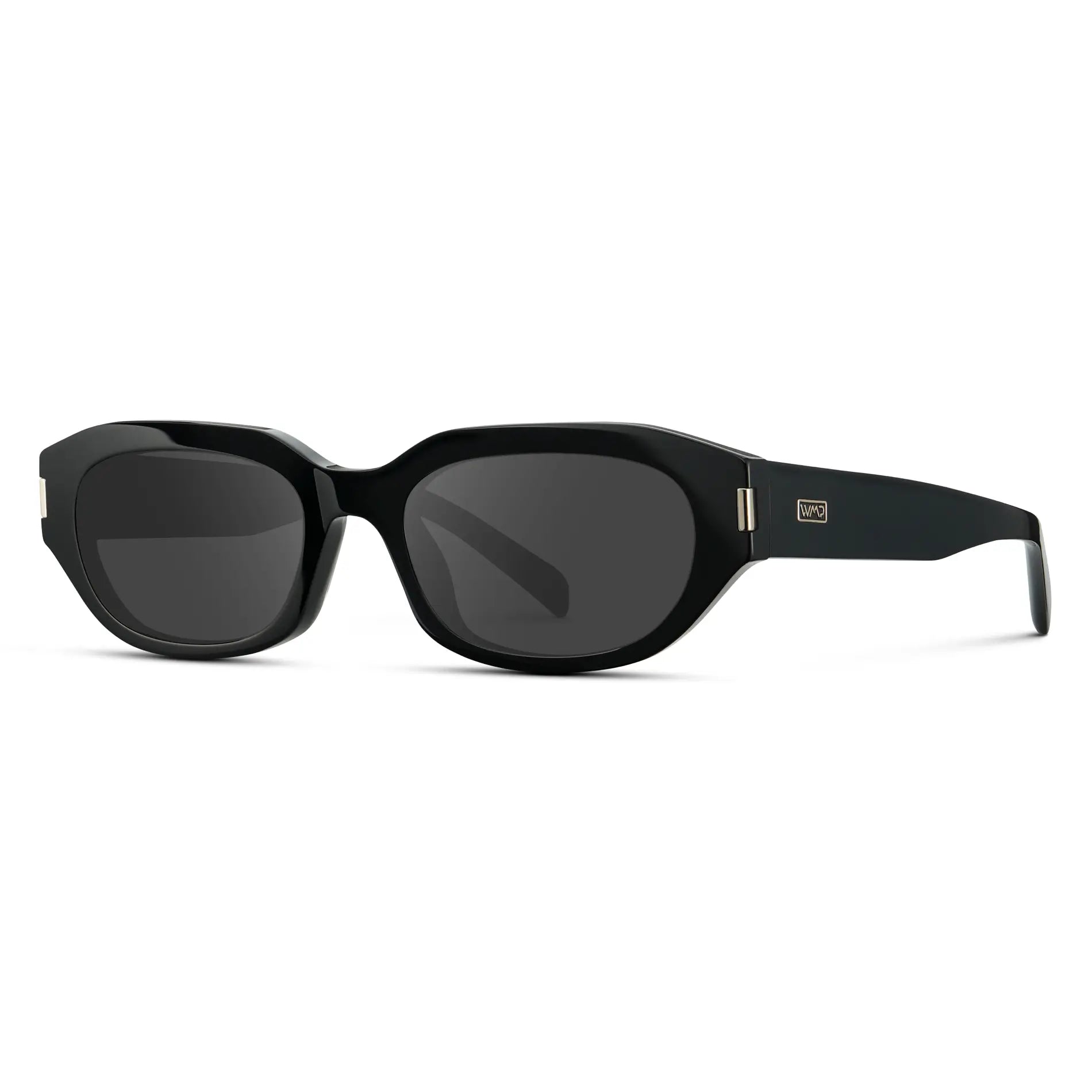 Black / Grey || Side view of Women's Oval Prescription Sunglasses with Black Frame and Grey Lenses on a white background