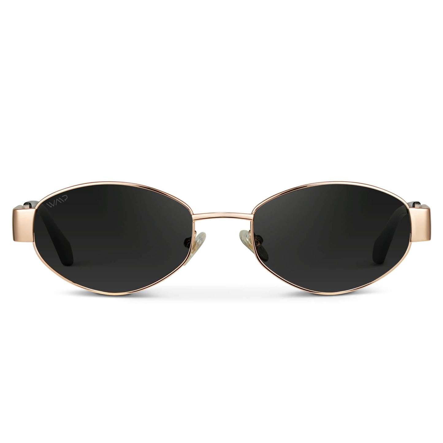 Gold / Black Lens || Trendy oval shape gold metal thick temple sunglasses with black lenses