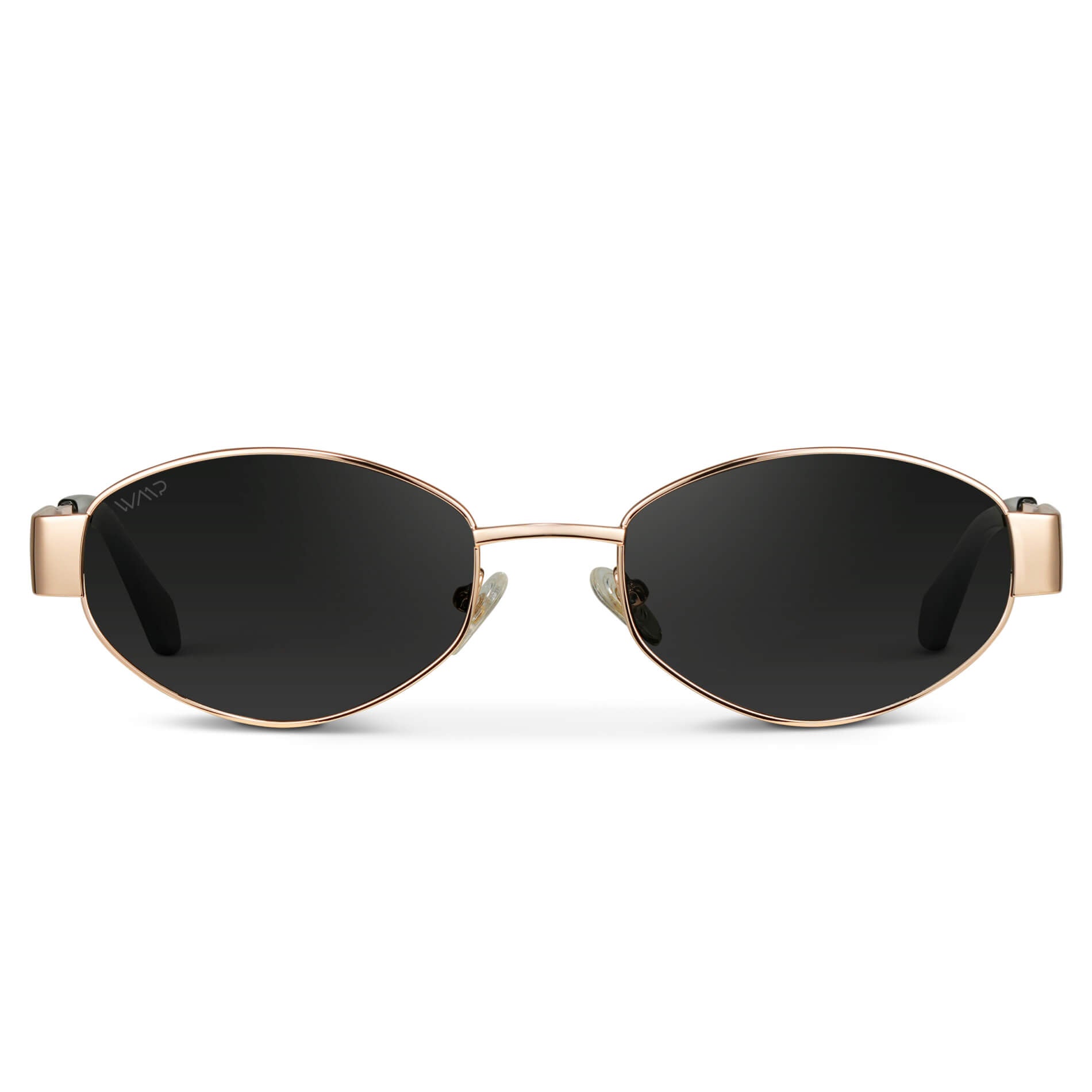 Gold / Black Lens || Trendy oval shape gold metal thick temple sunglasses with black lenses