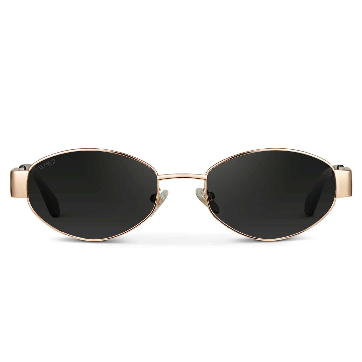 Gold / Black Lens || Women's Trendy Oval Shape Gold Metal Stainless Steel Frame Sunglasses with Black Lenses