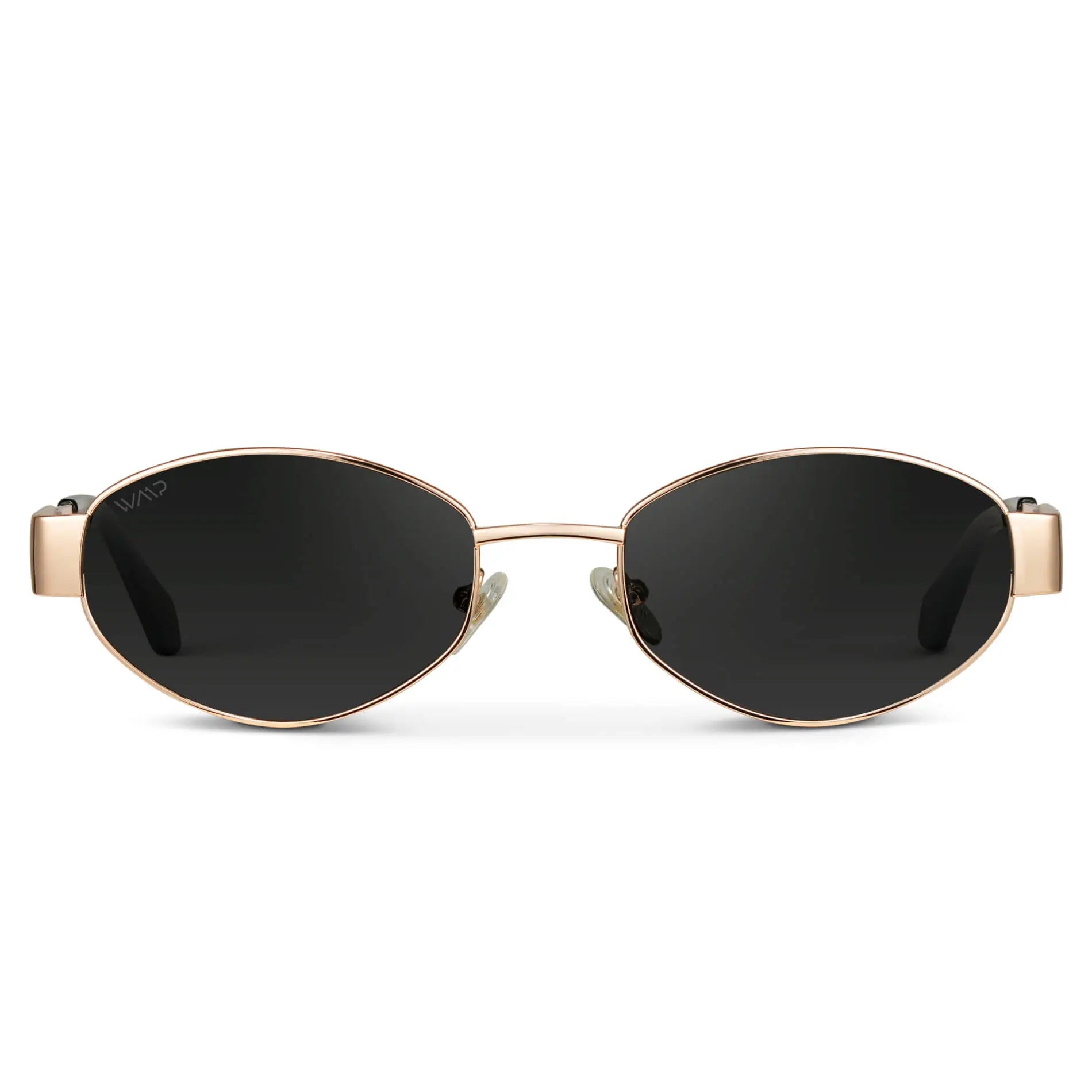 Gold / Black Lens || Women's Trendy Oval Shape Gold Metal Stainless Steel Frame Sunglasses with Black Lenses